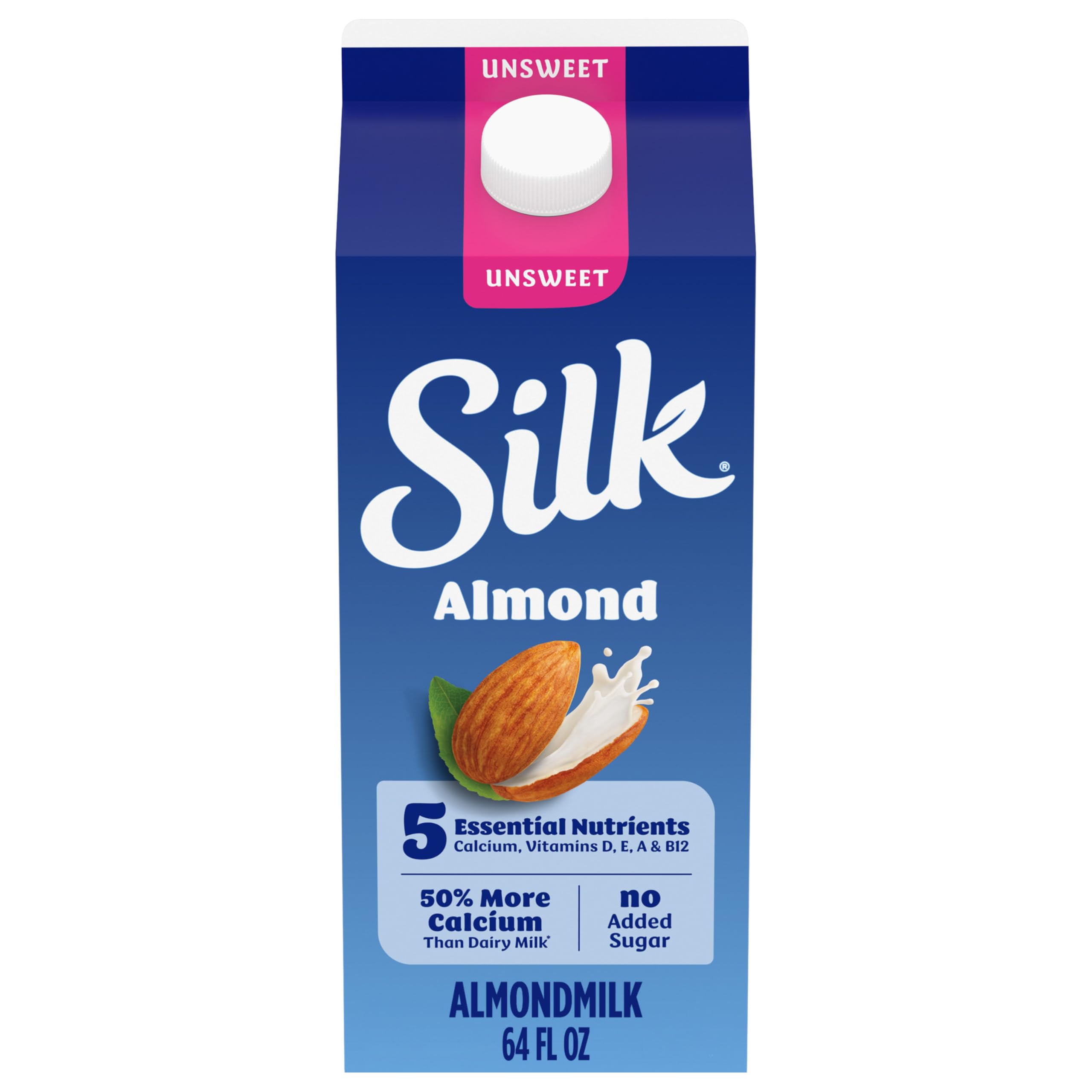 Silk Almond Milk, Unsweet, Dairy Free, Gluten Free, Seriously Creamy Vegan Milk with 50% More Calcium than Dairy Milk, 64 FL OZ Half Gallon