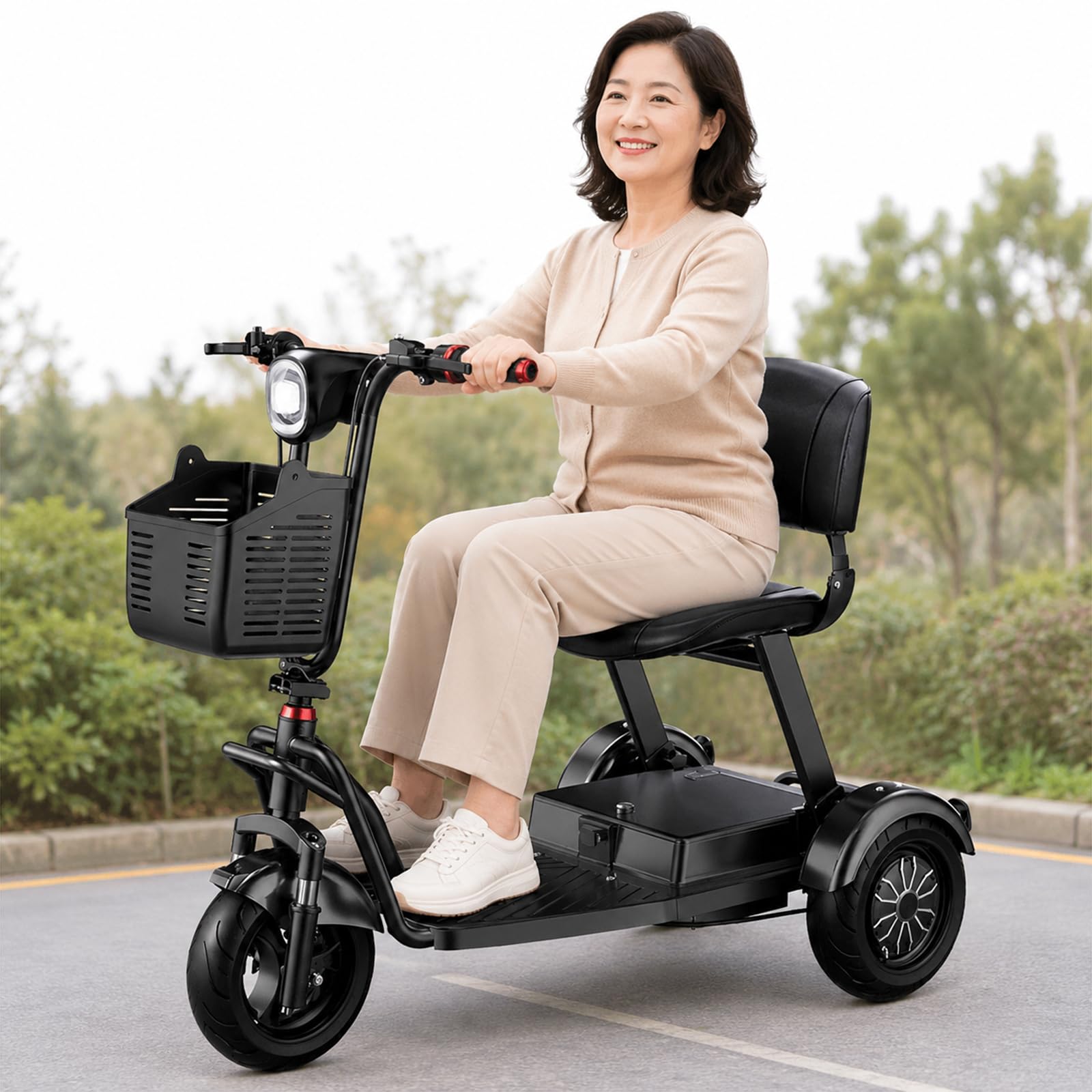 Generico Scooter per Mobilità a 3 Ruote Leggero e Pieghevole per Adulti e Anziani con Sedile Ergonomico e Batteria Rimovibile con Cestino