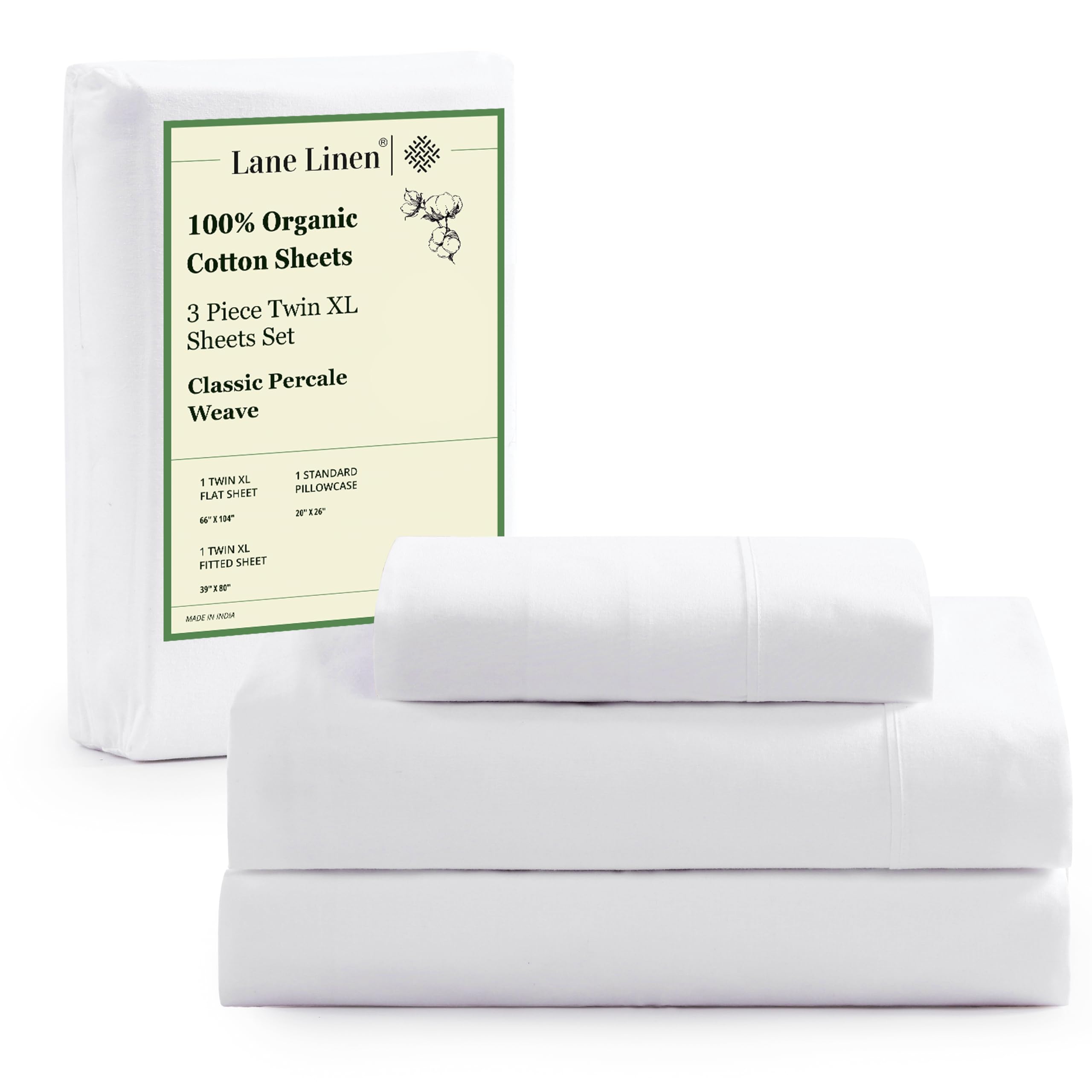 100% Organic Cotton White Twin XL Sheets Set, 3-Piece Pure Organic Cotton Percale Sheets, Extra Long Twin Sheets, Ultra Soft Bedding Sheets,Breathable, GOTS Certified,Fits Mattress Upto 15" Deep