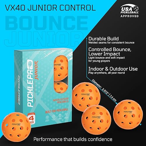 Miniatura 5 de PicklePro Junior - Juego de palas de pickleball para jóvenes con 2 paletas ligeras, 4 bolas de pickleball y cubierta, superficie de fibra de vidrio