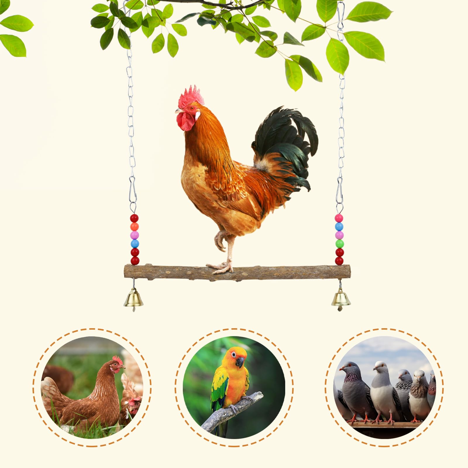 LuckyOpt Chicken Swing, Natural Wooden Hanging Swing Toys Chicken Coop Accessories with Bell and Beads - Image 4