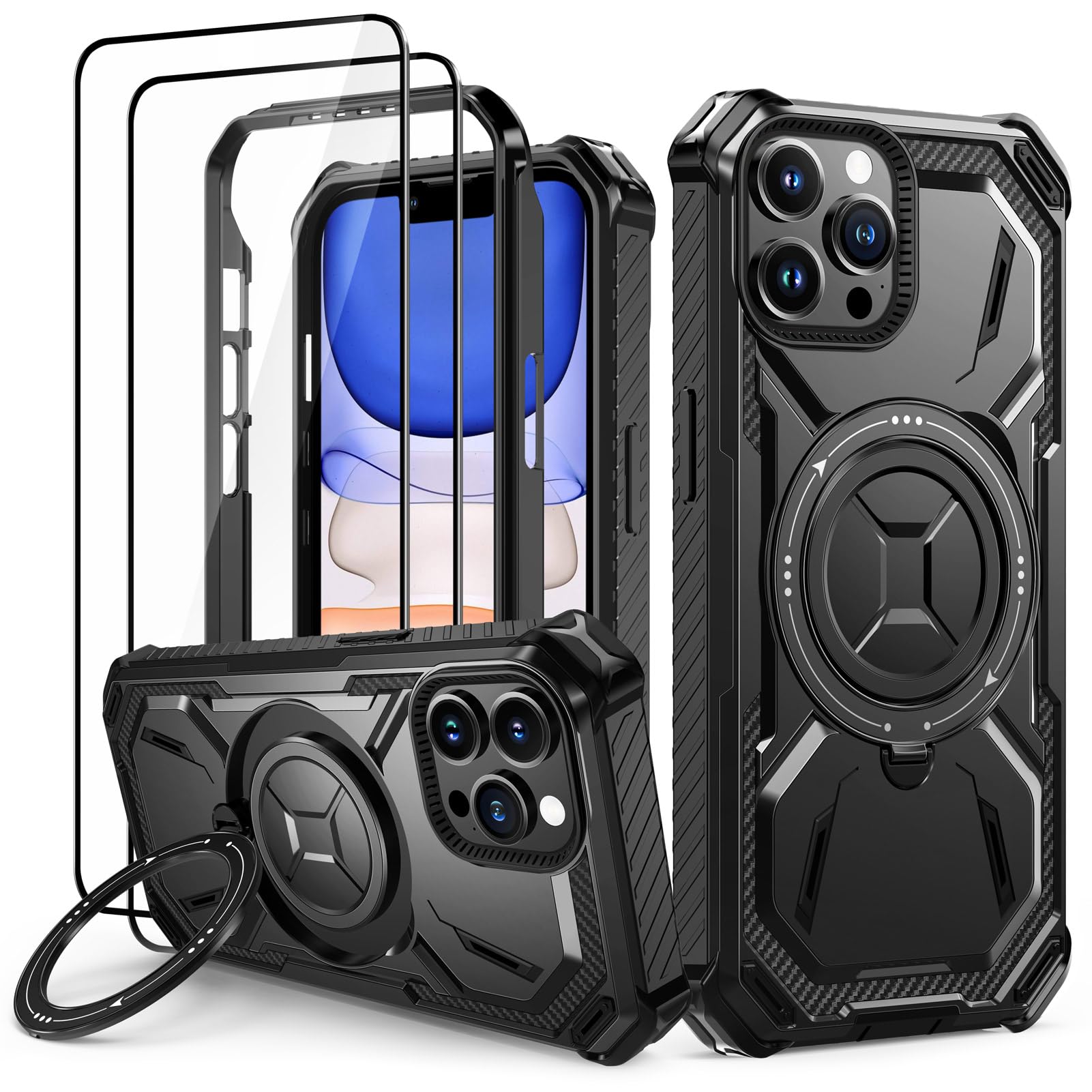 Lanhiem Cover iPhone 13 Pro Max con 2 Pezzi Vetro Temperato, Supporto Magnetico Anello a 360° Protezione 6FT Antiurto Anticaduta Militare Armor Protezione, Custodia iPhone 13 Pro Max, Nero