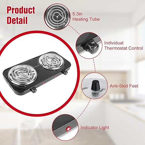 Miniatura 7 de Placa eléctrica de 2000 W, estufa eléctrica portátil para encimera, quemadores de bobina doble con control dual y control de temperatura de 5