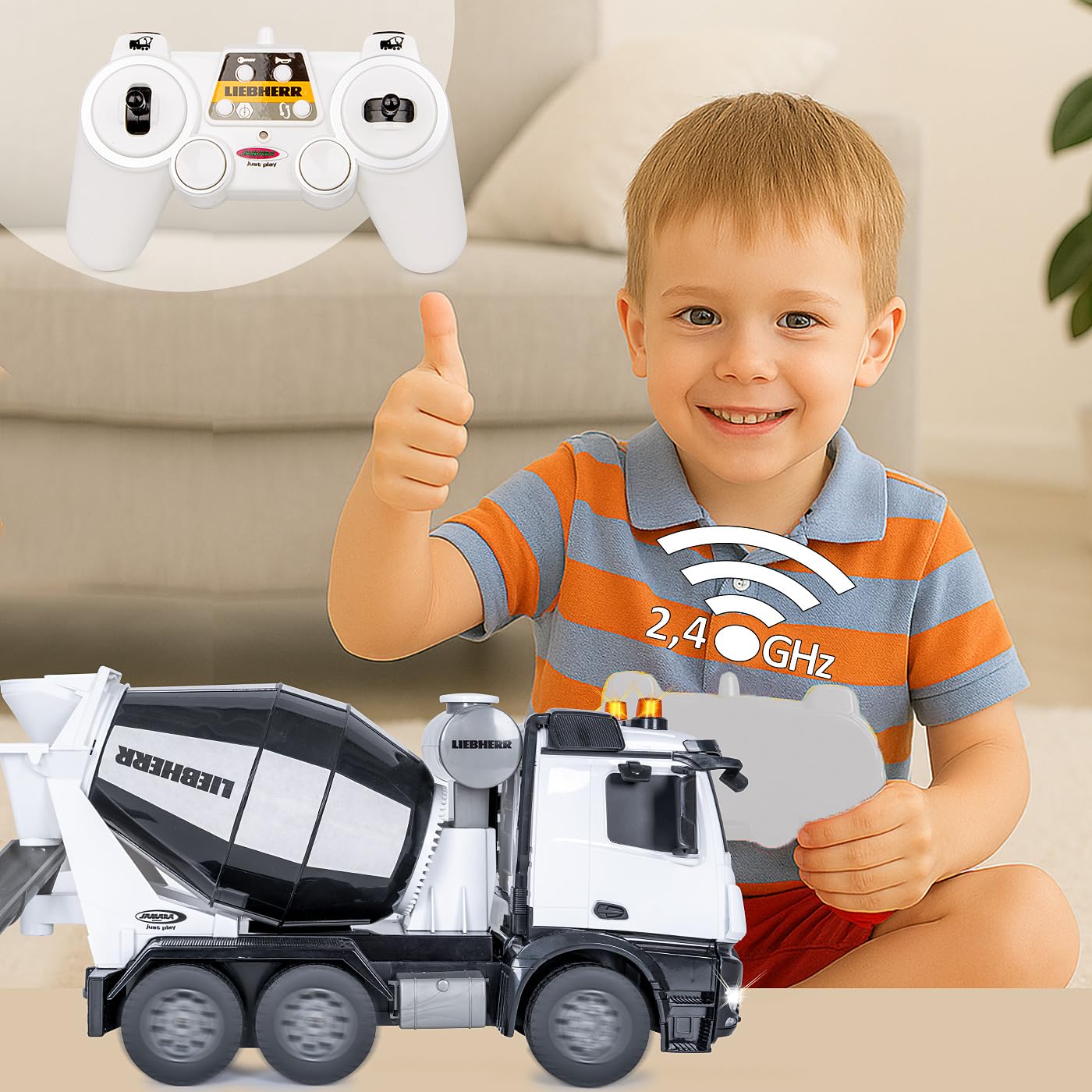 JAMARA Frullatore Mercedes Benz Arocs Liebherr 1:20 2,4 GHz – licenza ufficiale, allarme retromarcia, 4 ruote motrici, pneumatici profilati, luce LED, tamburo di miscelazione girevole con funzione di