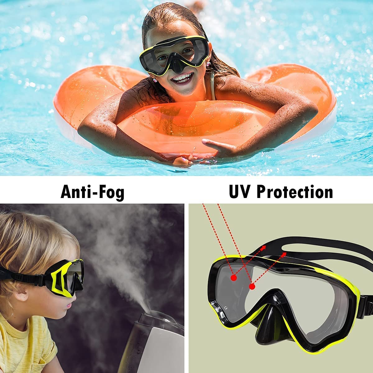 Maschera da snorkeling per bambini, anti-appannamento e anti-perdite, occhialini da snorkeling e nuoto, impermeabile, resistente, in vetro temperato, per bambini (giallo)