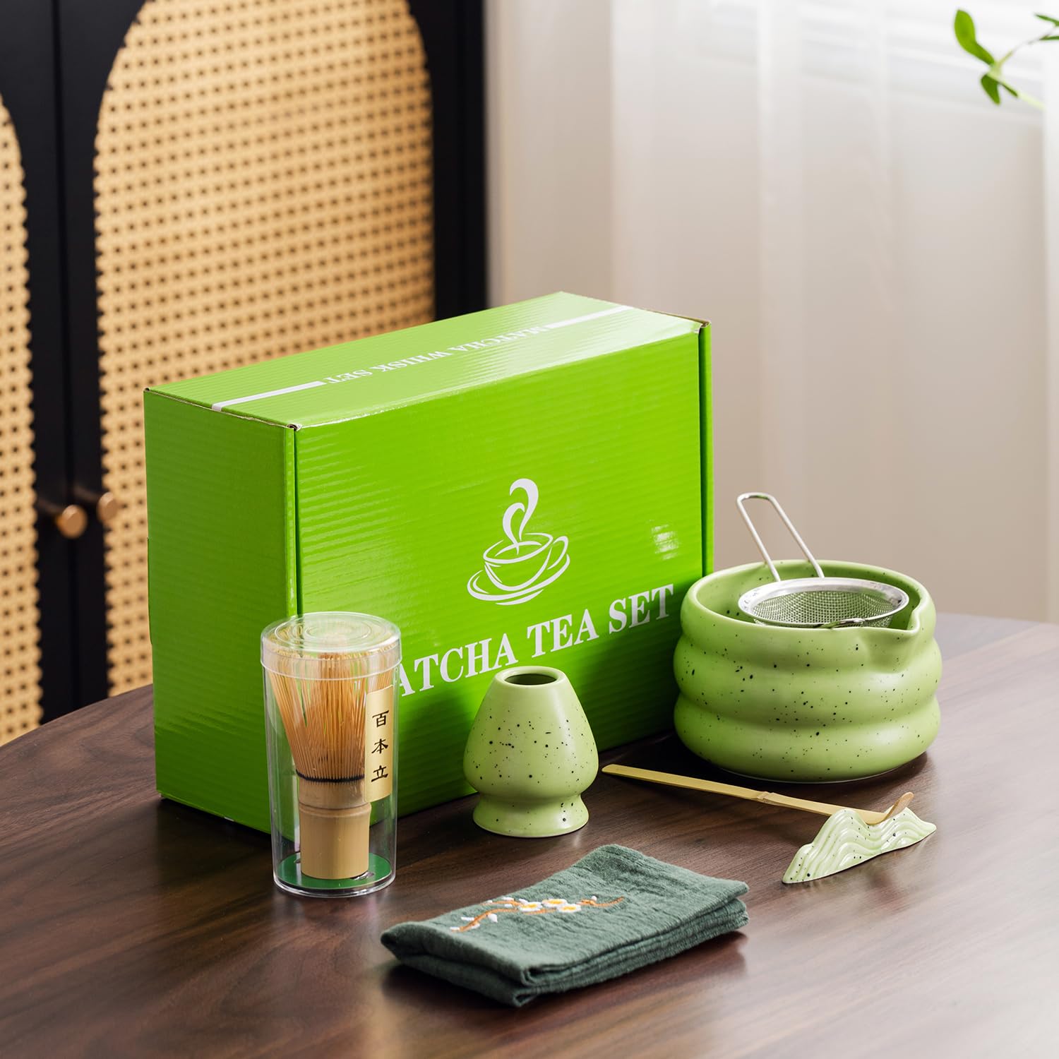 Matcha Teeset 6-teilig – Mit Schale, Bambus-Schneebesen, Sieb, Schaufel, Halter, Aus Keramik & Bambus