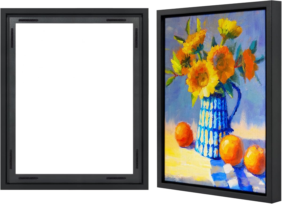 Americanflat 16x20 Canvas Floating Frame with Adhesive Strips Included - Vertical and Horizontal Floating Frame for Artwork - Canvas Frames for Wall Display - Black