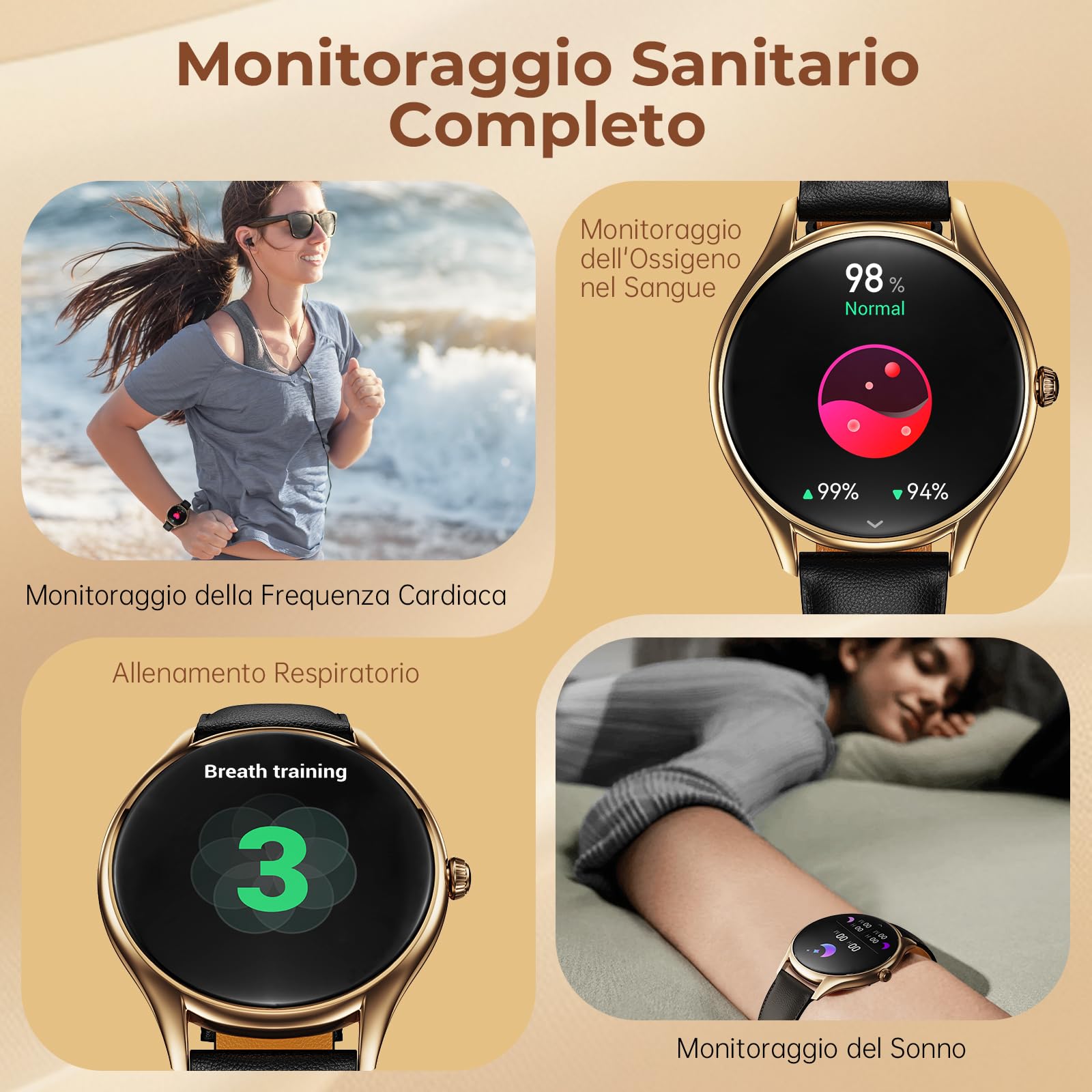 Smartwatch Donna con Display AMOLED 1,43'', Orologio Fitness con Monitoraggio Pulsazioni/SpO2/Ciclo Mestruale/Sonno, 120+ Modalità Sport, Design Slim Elegante per Donne (Rosé Oro/Nero)