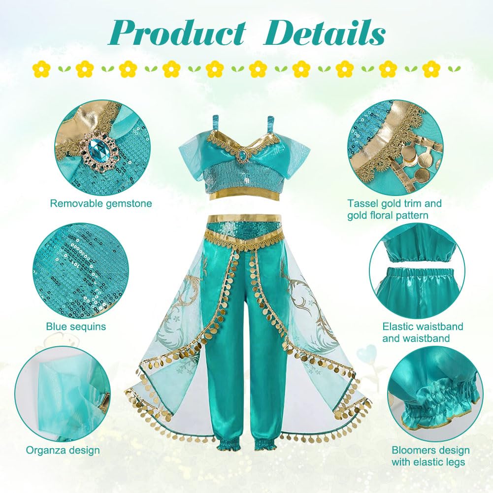 DiULi Jasmine Abiti Ragazze, 7PCS Set Jasmine Principessa Abiti Ragazze con Orecchini, Collana, Anelli, Cerchietti, per Festa Danza Compleanno Halloween Cosplay, Taglia 110-150