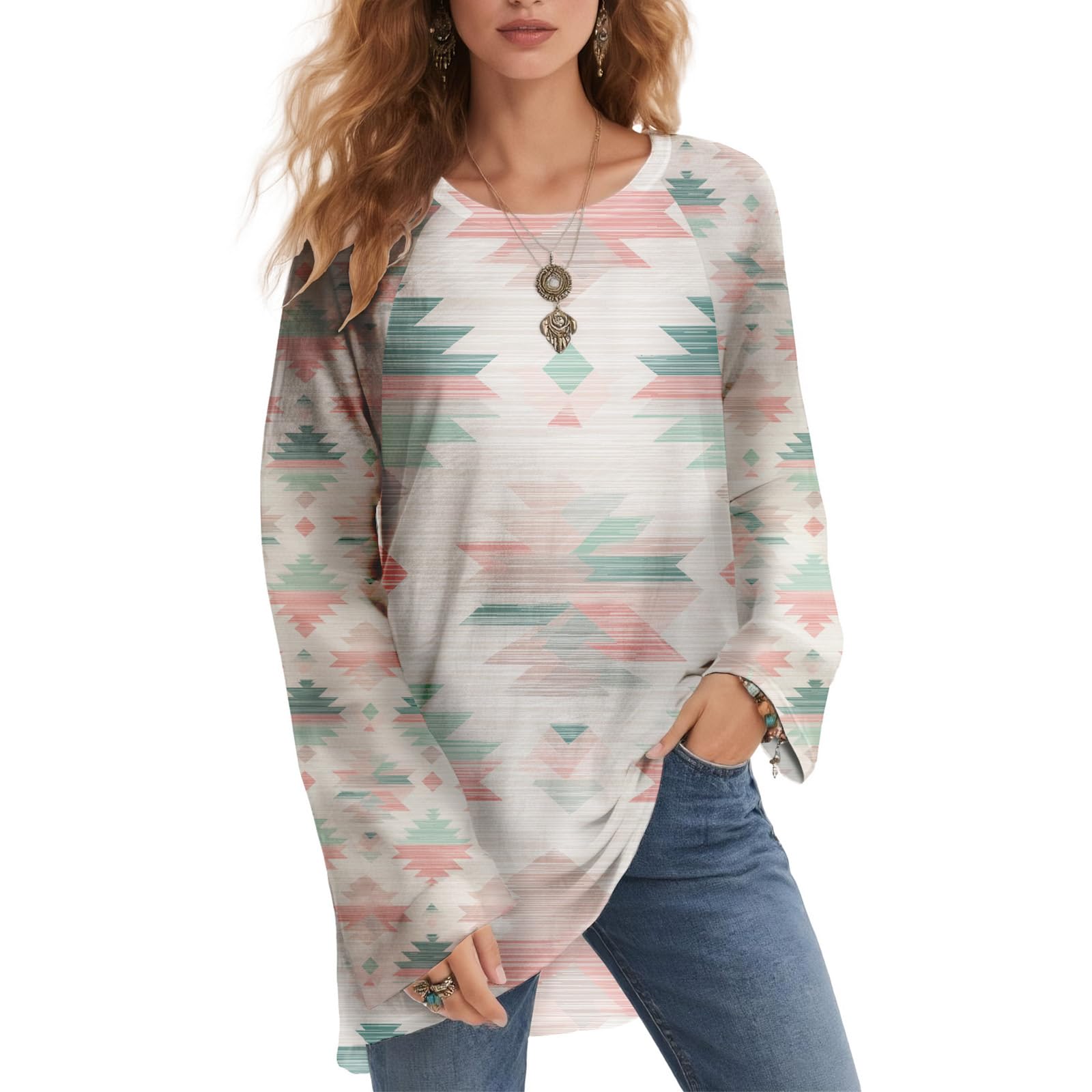 Womens Geometric Print Long Sleeve Tunic Top Fit Ethnic Pattern Blouse Fall Fashion Shirt