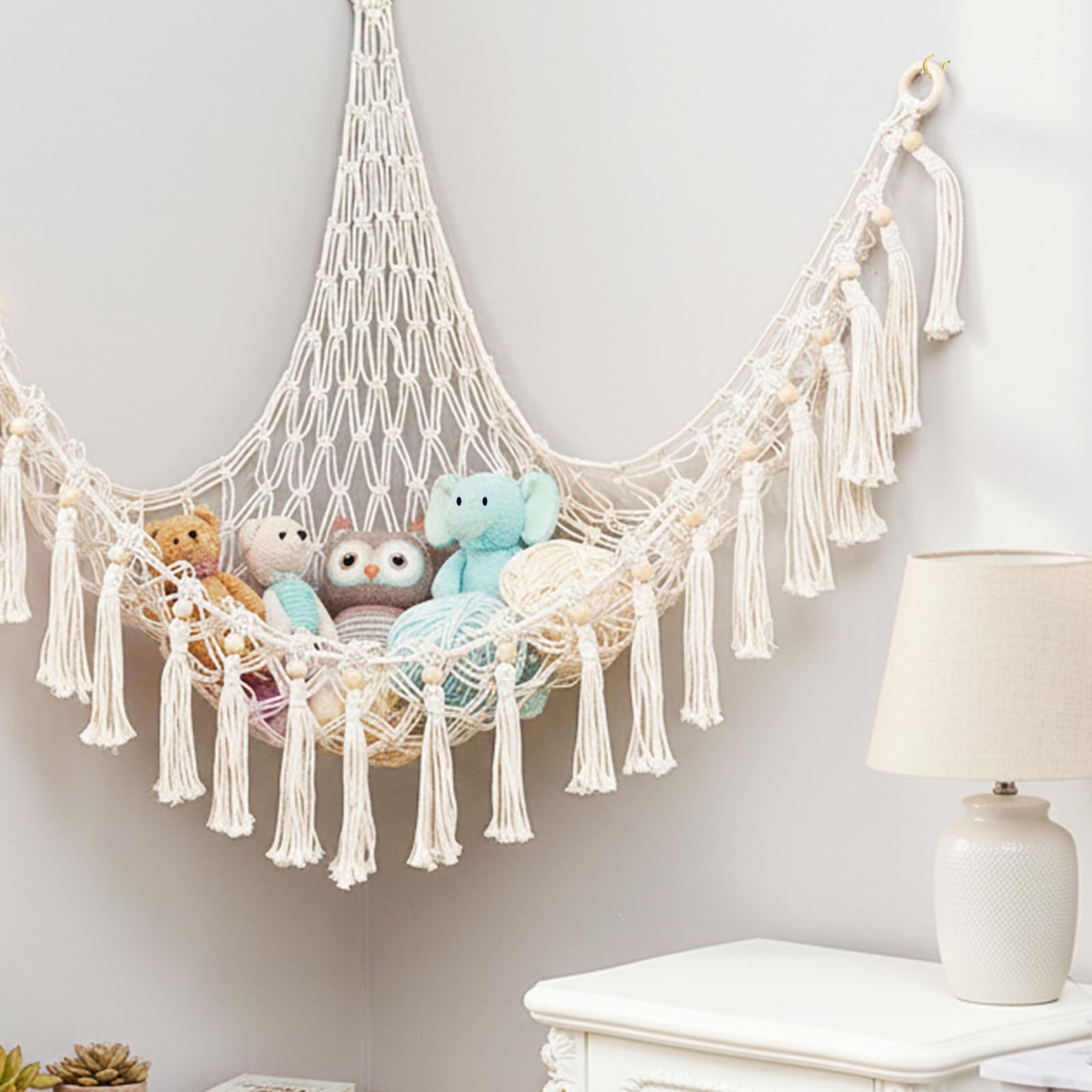 Kuscheltier Aufbewahrung Netz, Boho Makramee Spielzeug kinderzimmer deko, StofftieStofftier Aufbewahrungstasche Hängematte Aufbewahrung Kuscheltiere für Kinderzimmer Schlafzimmer Beige