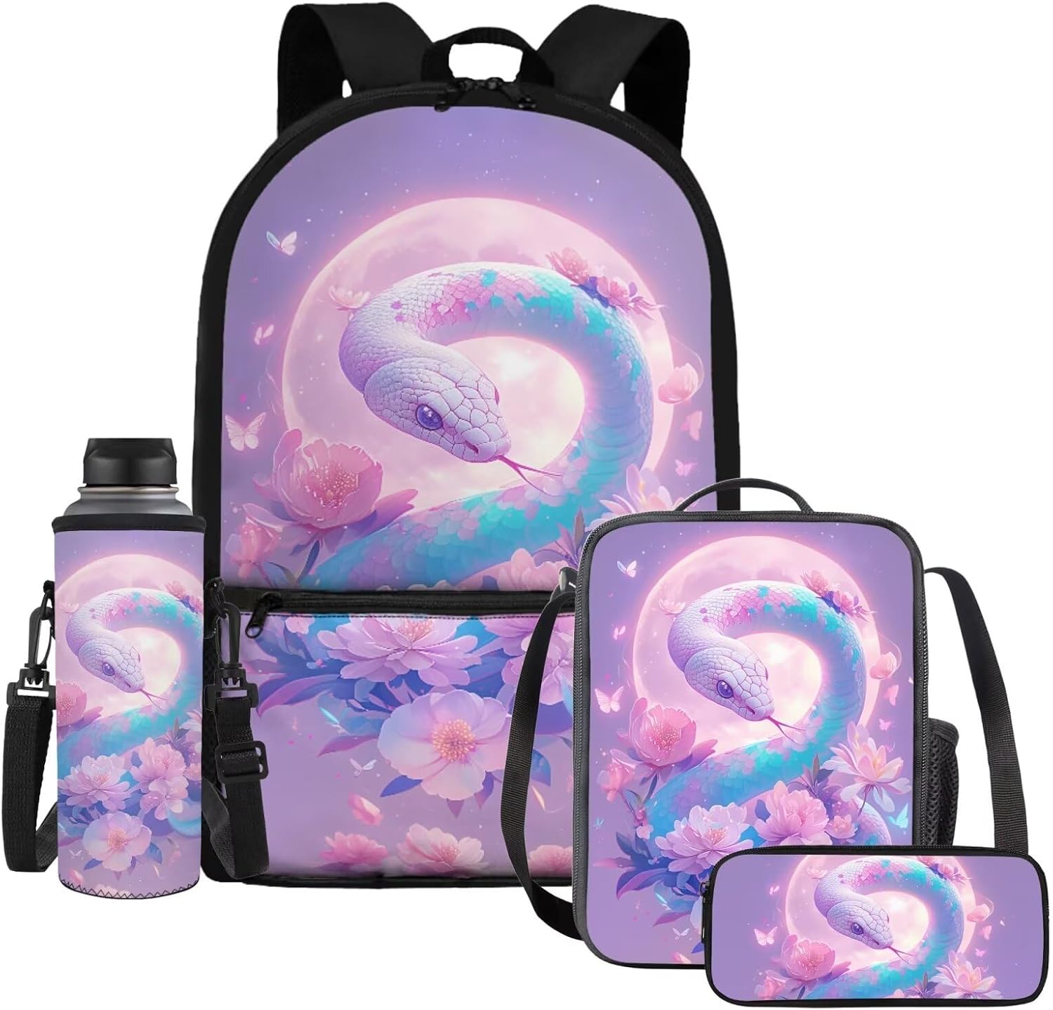 Axolotl Backpack for School Girls with Lunch Box 4 in 1 Galaxy Space Elementary Back Pack and Lunch Bag Set Primary Bookbag for Kids 6-8 Book Bags Lunchbox Water Bottle Holder Pencil Case