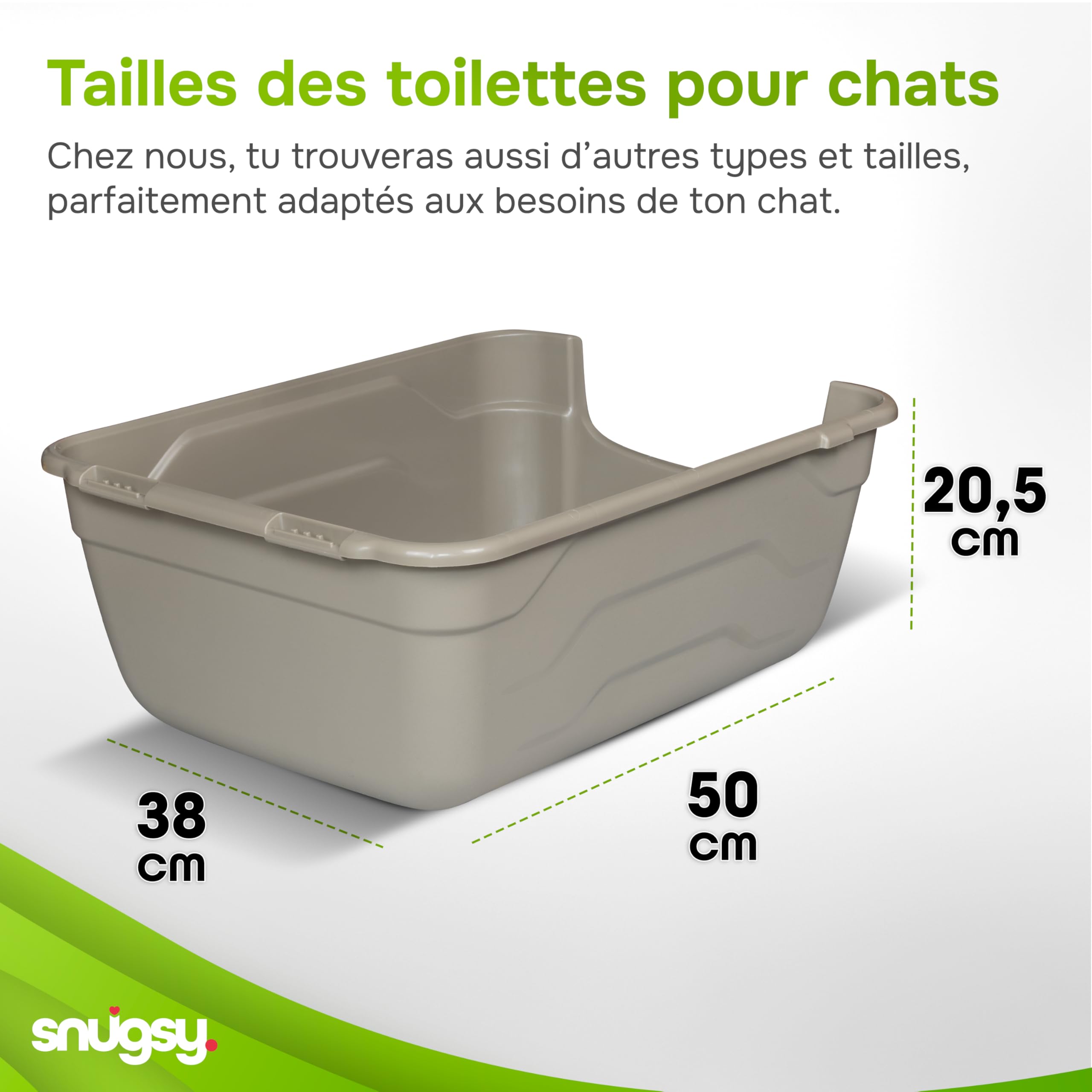 Bac à Litière pour Chat avec Bords Hauts - L - Litière Ouverte - Facile à Nettoyer - Gris 50 x 38,5 cm