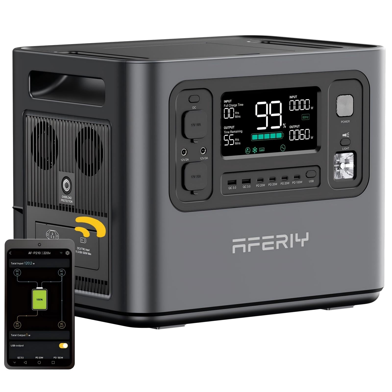 AFERIY 2400W2048Wh Tragbare Powerstation, 1,5Std Schnellladung, für camping | Solargenerator , 13 Ausgänge, <10ms USV, mit APP, BMS, Reine Sinuswelle 230V, für Camping/Wohnmobil/Garten/Notfall/Off-Grid