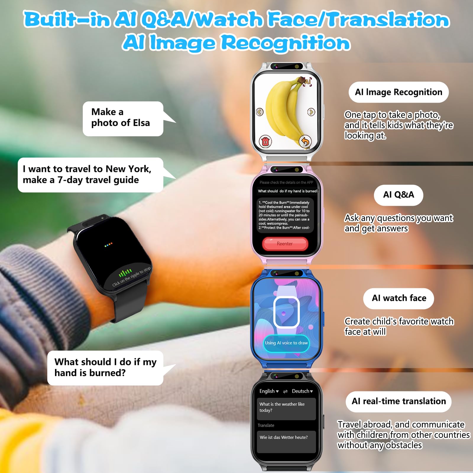 Orologio per bambini da 4,7 cm, AI(traduzione/domande e risposte/riconoscimento immagini) smartwatch con frequenza cardiaca, monitoraggio del sonno, contapassi video musicale, senza app/telefono
