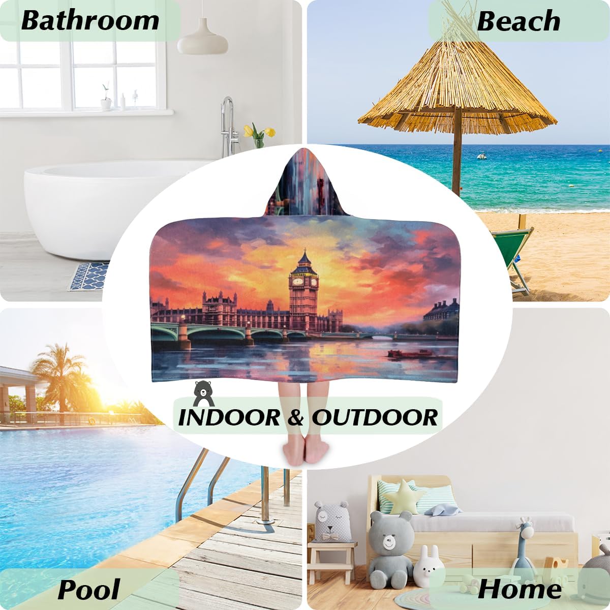 Pardick Kids Bath Towel Watercolor City Beach Towel with Hood Pool Cover Up for Girls Boys Soft Absorbent Hooded Bath Towel Toddler Towels for Beach, Pool