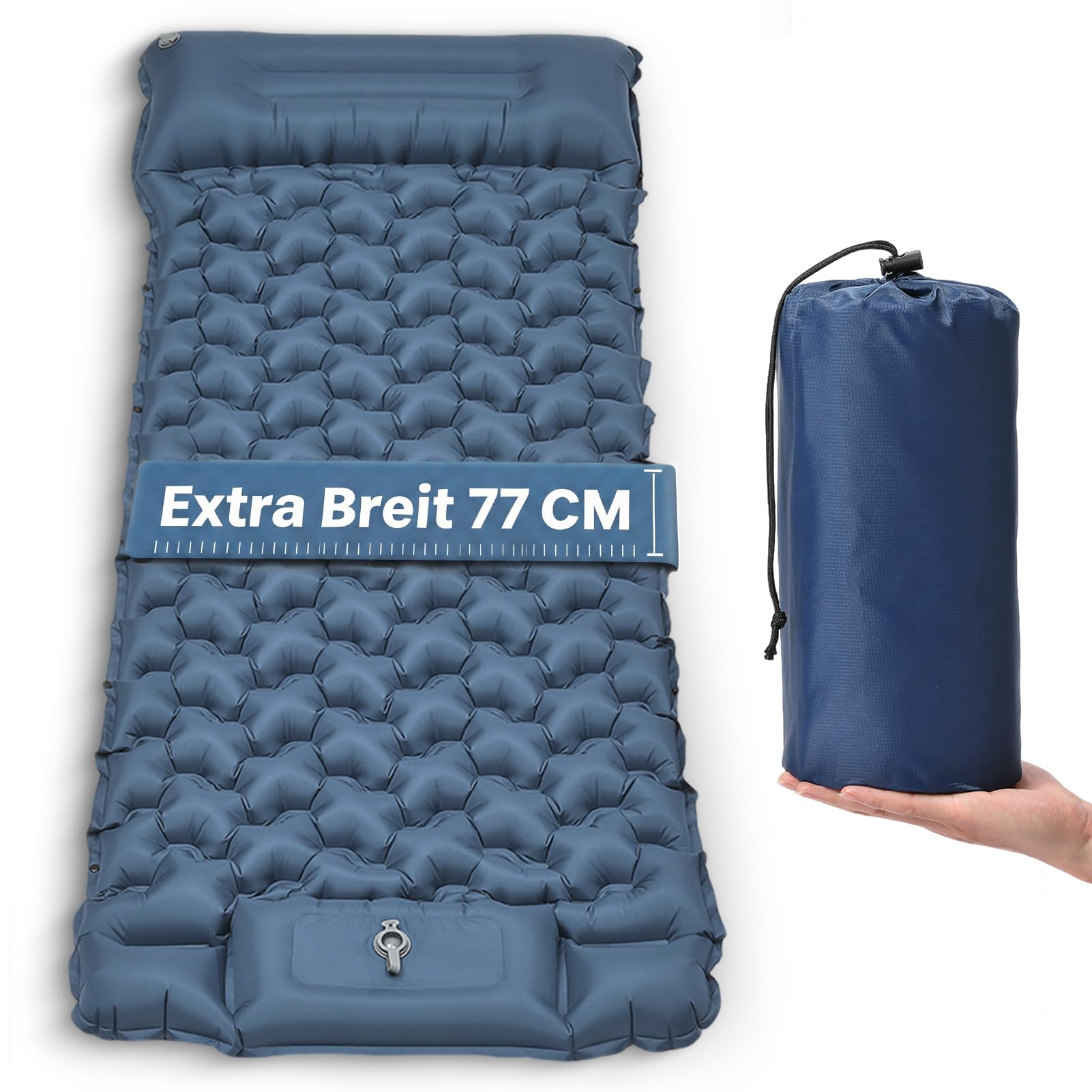 HAUSPROFI Isomatte Camping Ultraleicht aufblasbar mit Fußpumpe & Kissen, Camping Luftmatratze 195 x 73 x 8 cm, 40D-Polyester TPU, kleines Packmaß für Camping & Outdoor