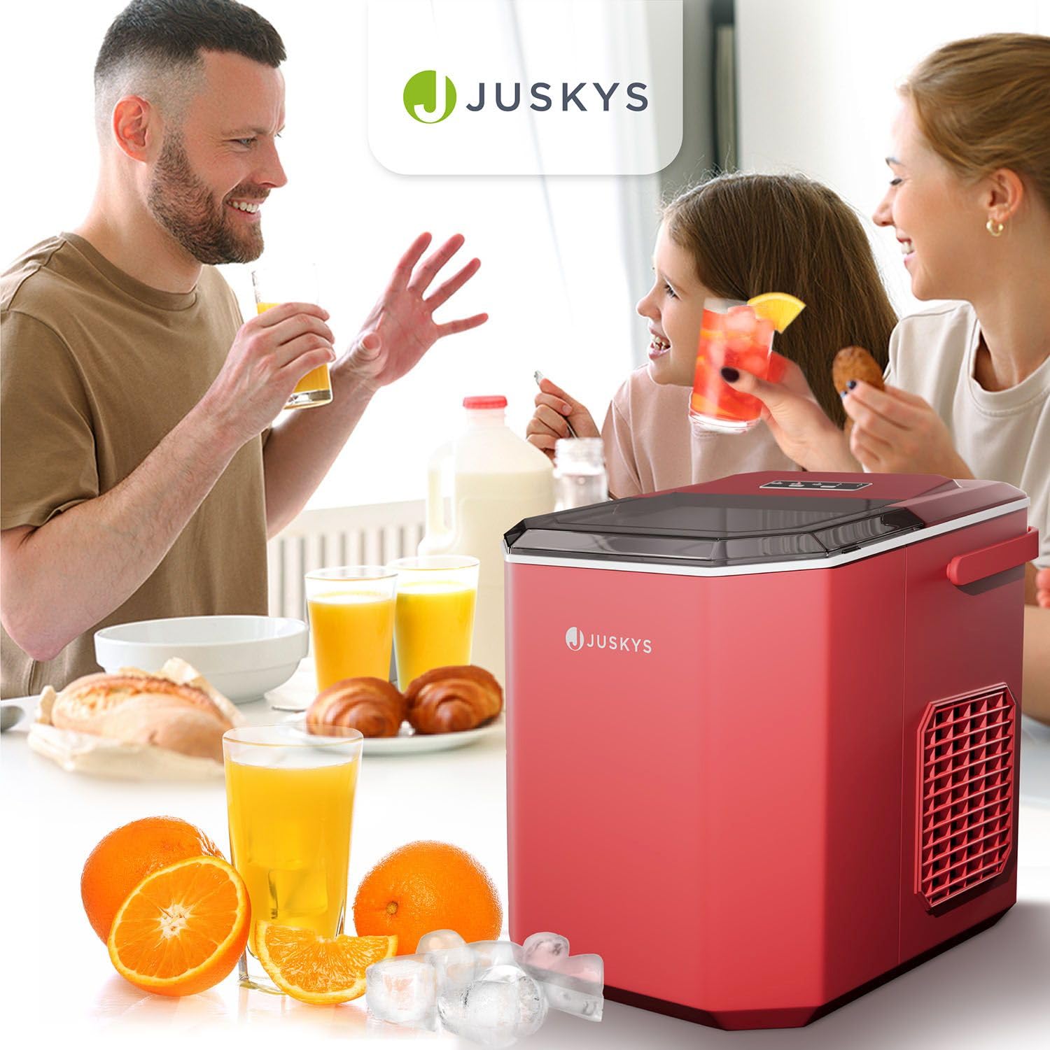 Juskys Eiswürfelmaschine klein mit Eiswürfelbehälter Rot 6-13 min 12 kg/Tag Ice Cube Maker
