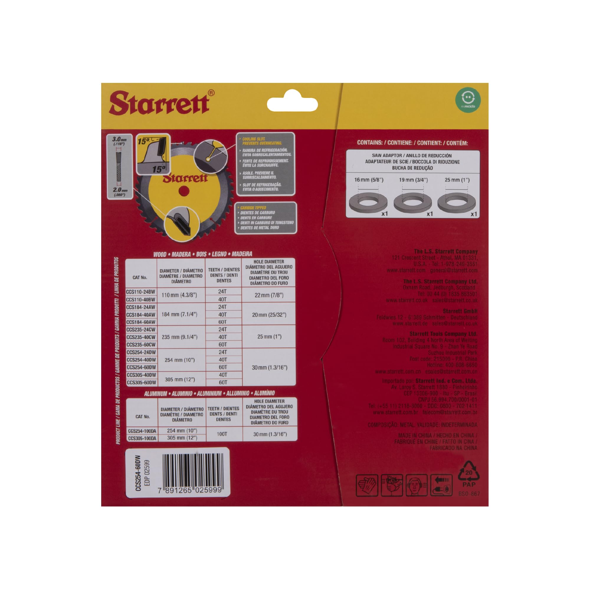 Starrett Lame de scie circulaire TCT 254 mm pour bois, 60 dents, alésage 16/19/25/30 mm