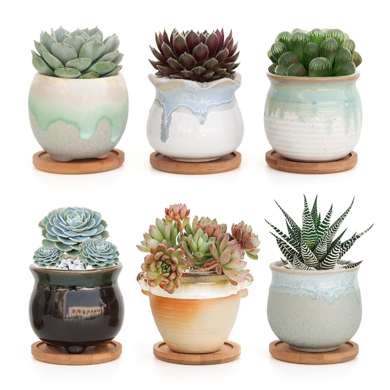 FairyLavie 3.5 Inch Succulent Pots with Bamboo Tray, Succulent Planter Flower Pot for Indoor Outdoor, Perfect for Home Office Decor and Unique Gift for Family Friends Colleague, Set of 6