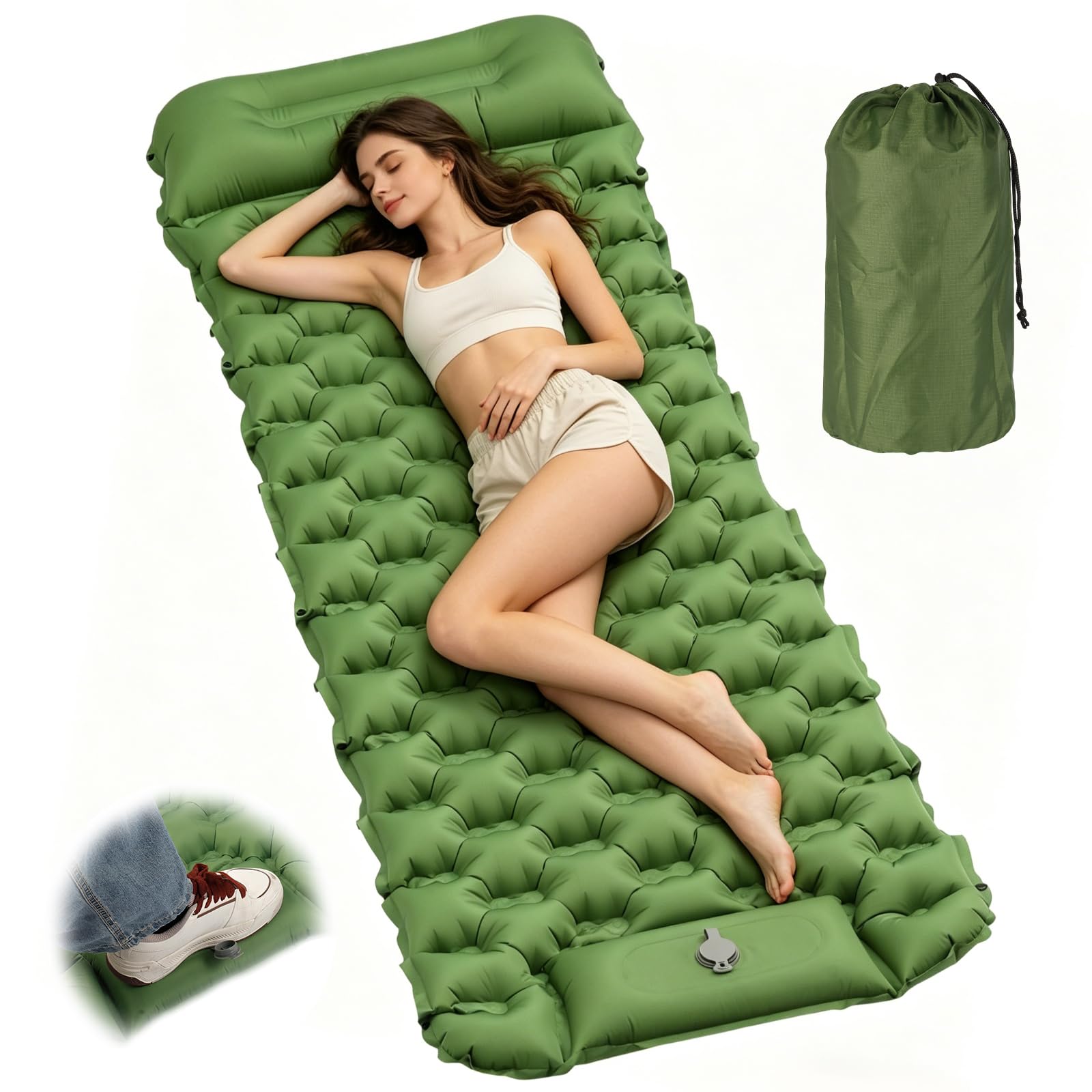 Materassino Gonfiabile da Campeggio con Pompa a Pedale e Cuscino Integrati – 8 cm, 800 g, Ultraleggero per un Comfort Superiore, Isolante e Impermeabile per Campeggio, Trekking ed Escursionismo