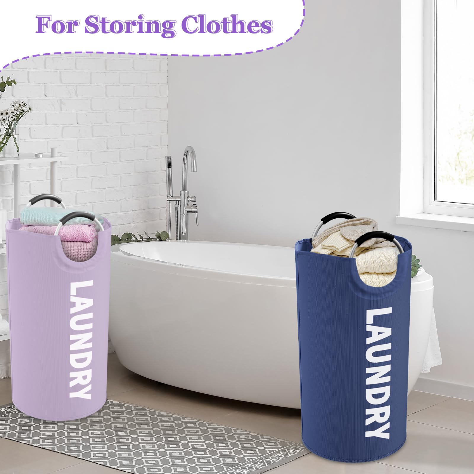 Set di 2 cesti portabiancheria grandi, 95 l, pieghevoli, con manici in alluminio, portatili, per camera da letto, viaggi, viola e blu navy