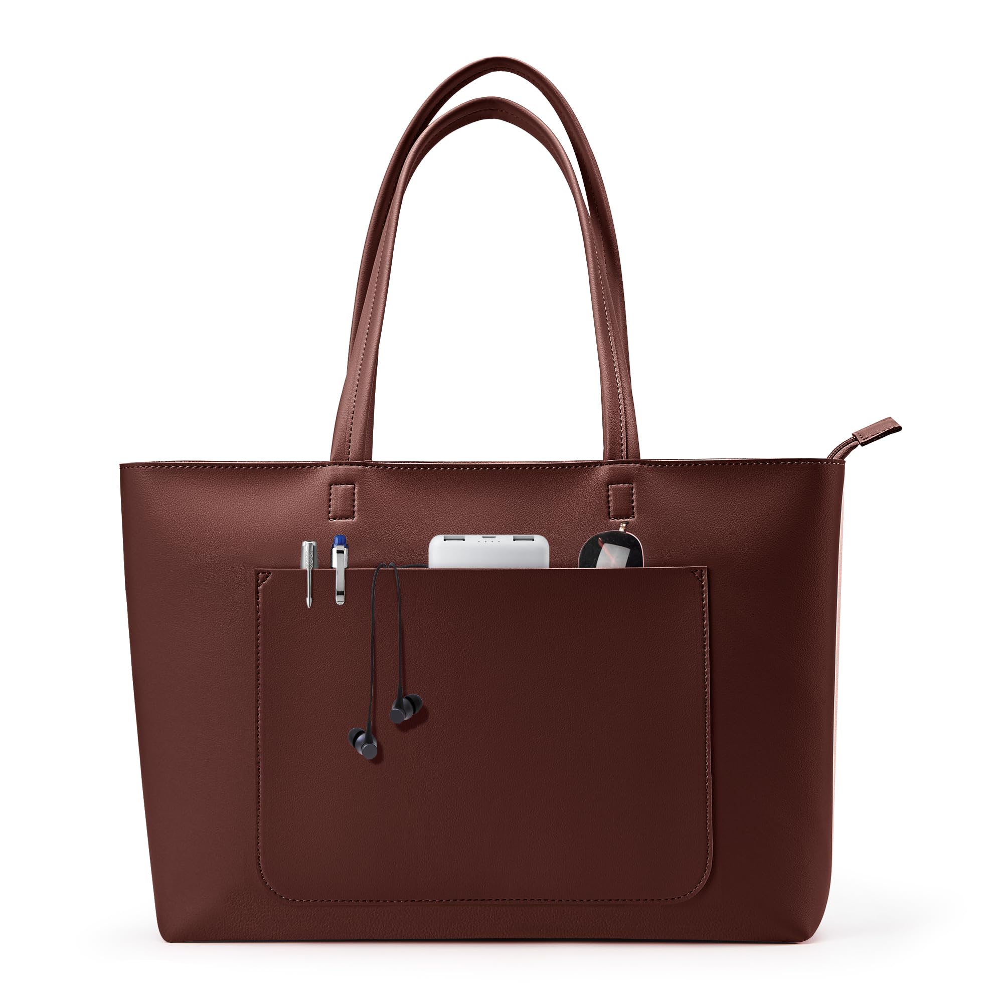 Fancy Forest Work Tote Bag for Women - Waterproof Purse with Zipper, 18L Large Vegan Leather, Stiff & Slim for Office Travel