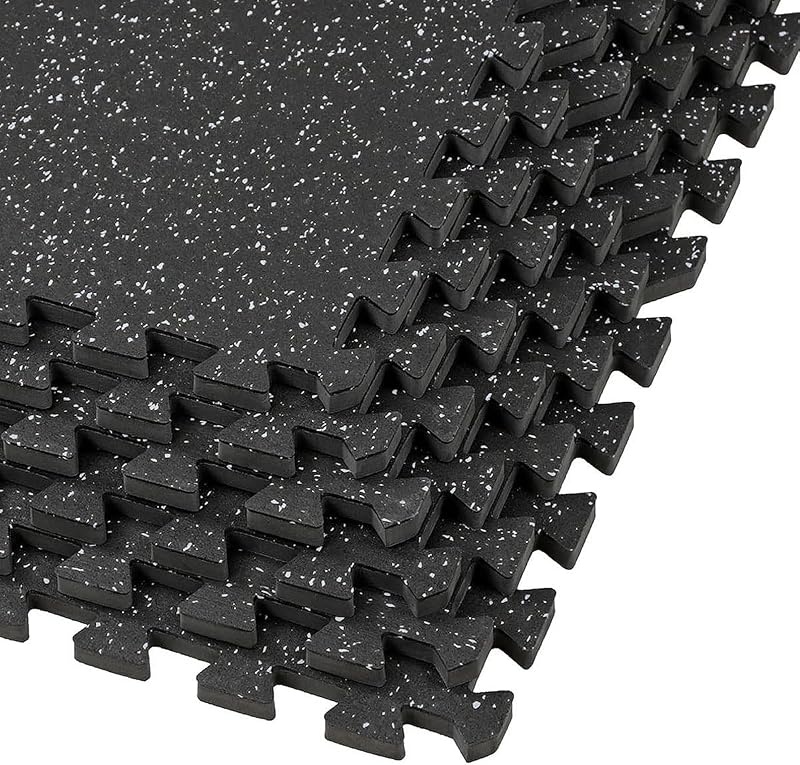 Estera de ejercicio de espuma EVA con parte superior de goma entrelazada de 1/2" de espesor, 48 pies cuadrados (12 baldosas) | Tapetes de gimnasio para el hogar, baldosas para pisos de entrenamiento para gimnasios, salas de fitness | Piso protector de agarre duradero, negro/gris