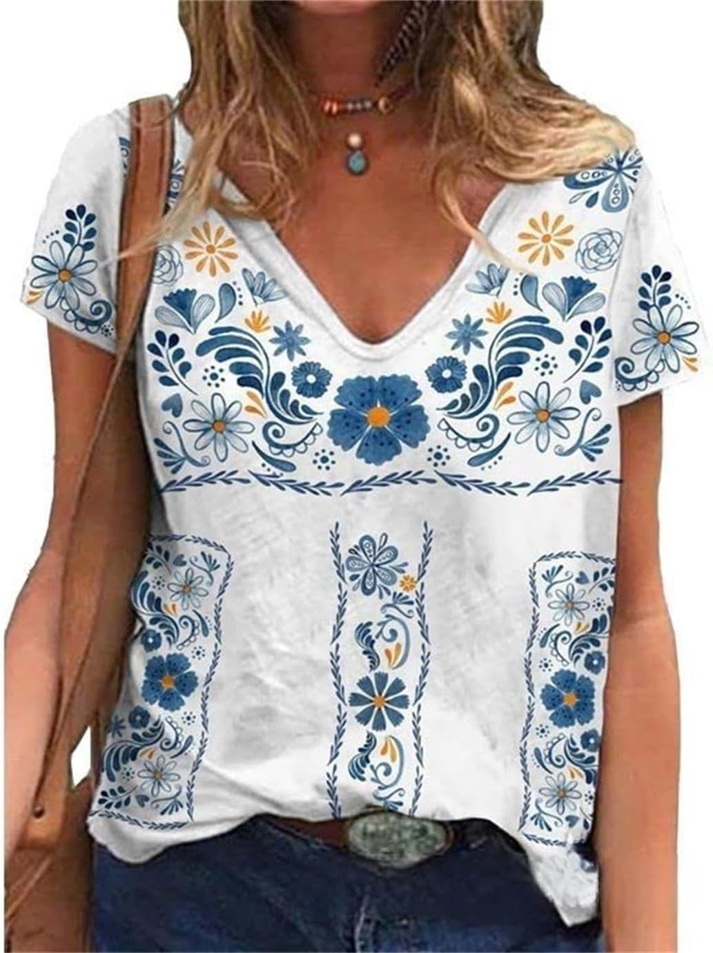 Melliflo Fiesta Mexican Shirts for Women V Neck Floral Print Boho Short Sleeve Casual Embroidered Tops