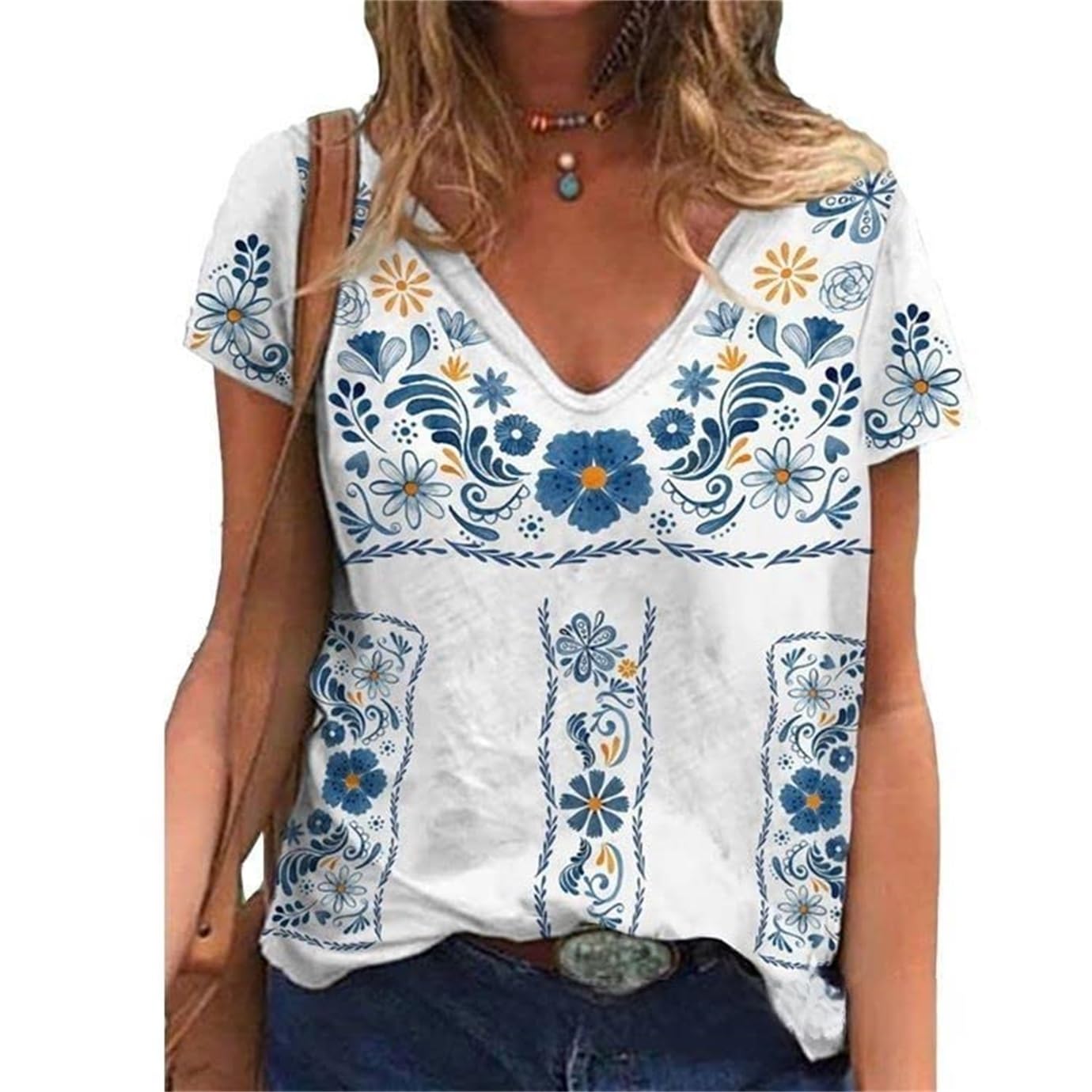 Melliflo Fiesta Mexican Shirts for Women V Neck Floral Print Boho Short Sleeve Casual Embroidered Tops