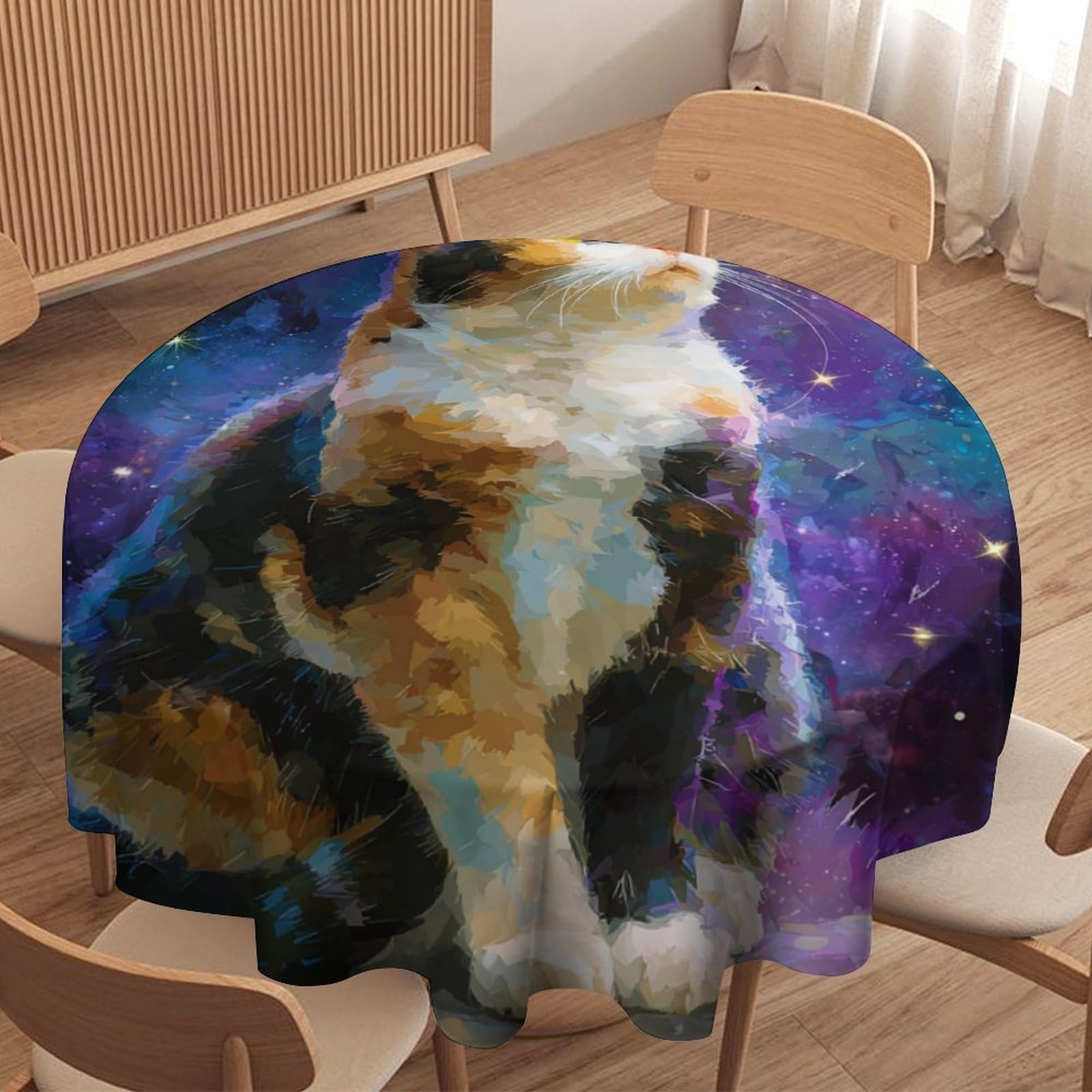 LUYYSKY Funny Cartoon Pet Kitten Round Tablecloth Classic Romantic Outer Space Galaxy Pet Cat Pattern Washable Decor for Table Cover for Kitchen-177.8" Wx177.8 L cm