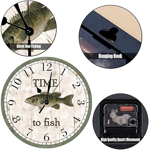 Miniatura 3 de Time to Fish - Reloj de pared redondo de 15 pulgadas, reloj redondo de boca pequeña, decoración de playa, relojes de pared de madera costera del