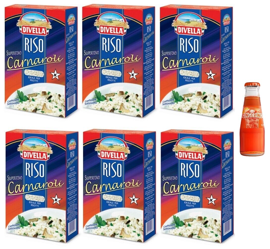6x Divella Riso Carnaroli, riso superfino, ideale per risotti, confezione sottovuoto da 1kg + 1x Gingerino Recoaro Aperitivo Italiano 10cl IN OMAGGIO