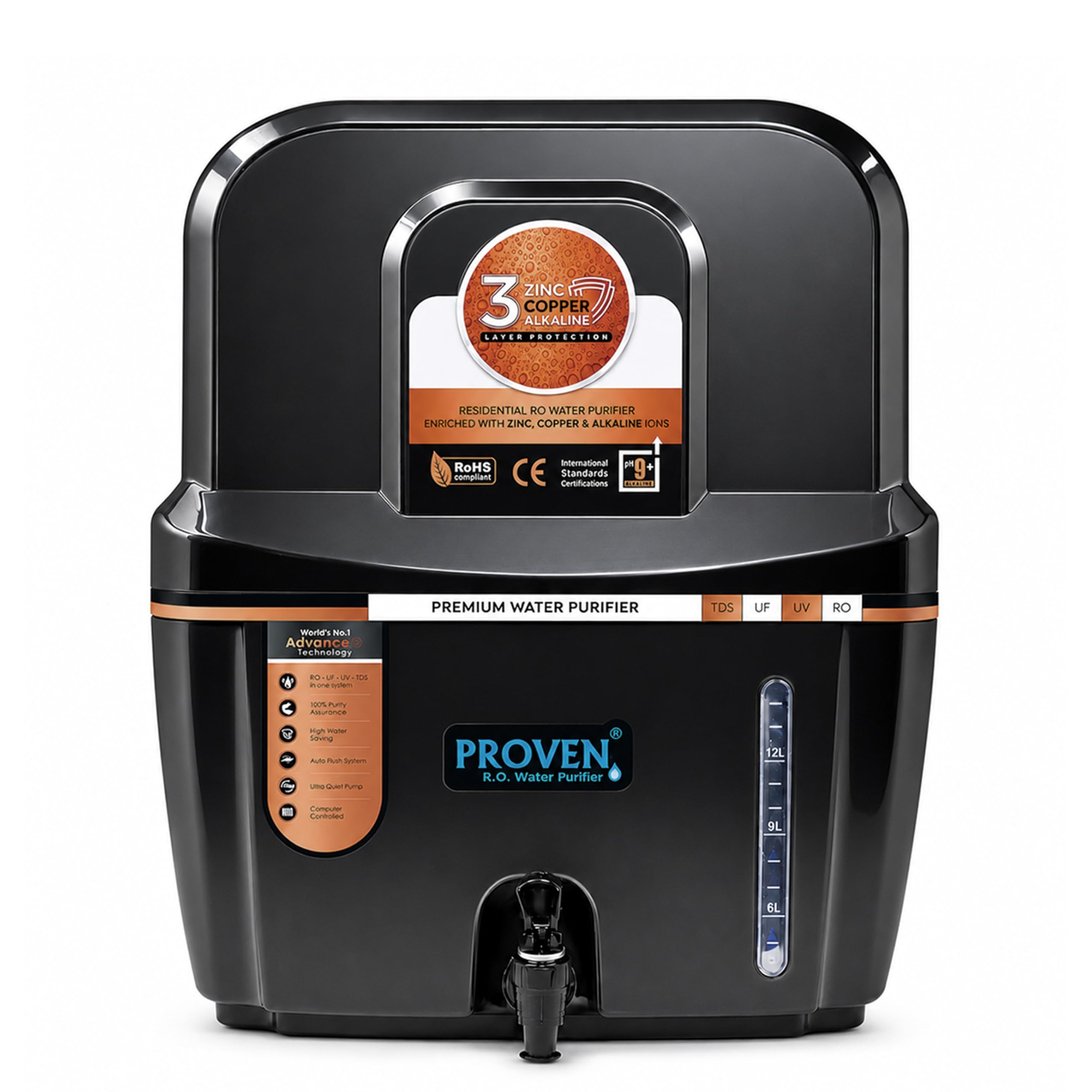 Proven Swift Zinc Copper Alkaline Water Purifier | Foodgrade ABS 12 L Storage Tank | Advance Technology | Made In India (Black Opaque)-image-38