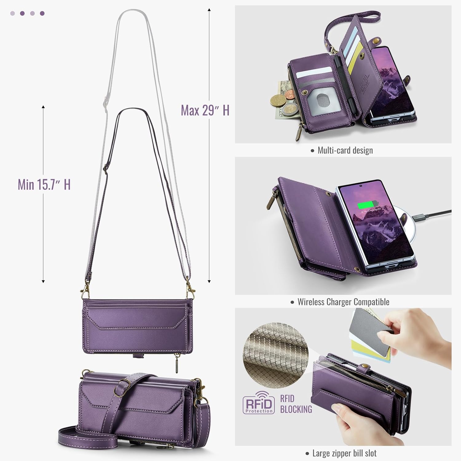 Asuwish Phone Case for Samsung Galaxy Z Fold 7 Zipper Wallet Cover with S Pen Slot and Wrist Strap Flip RFID Blocking Credit Card Holder Stand Cell Accessories ZFold Z7 G Fold7 7Z Women Girls Purple