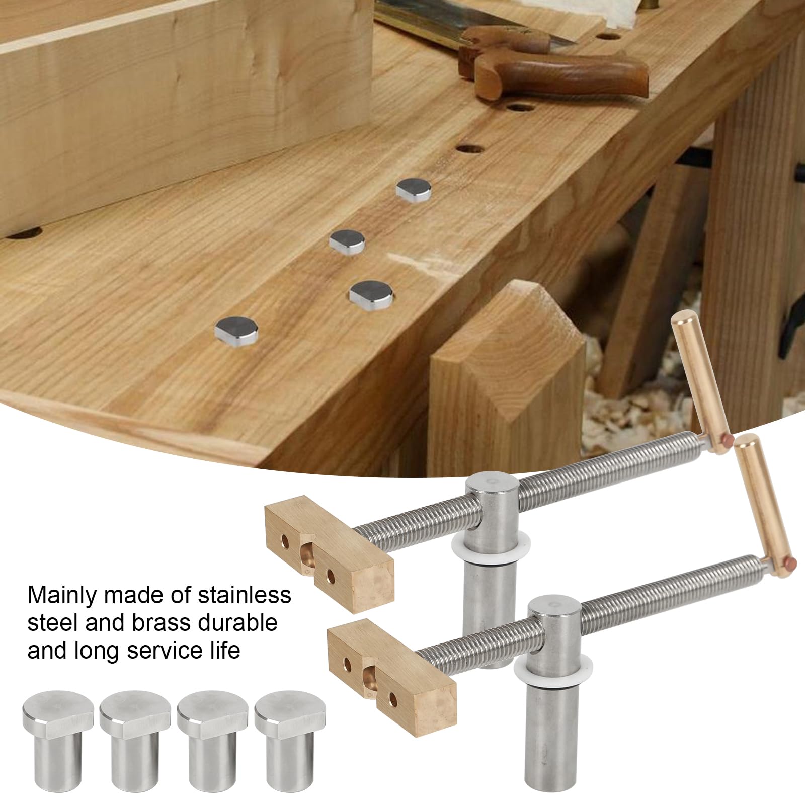 Outillage Bois Lot De 2 Pinces Établi Menuisier - Pour Trous 20mm - Avec 4 Bench Dogs Et Clés - Acier Inox Et Laiton Pince Pour Trou De Table