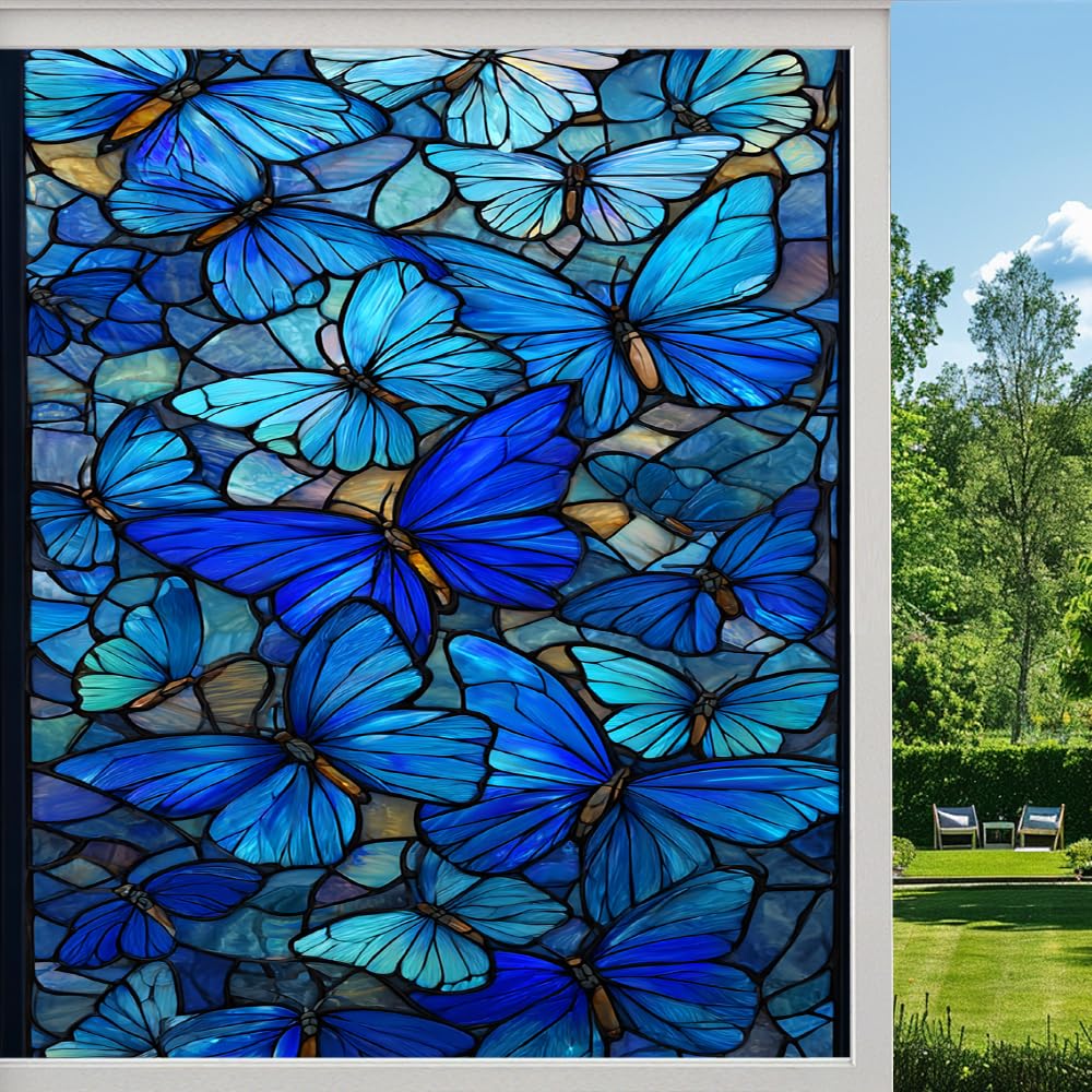 Colorful Butterfly Stained Glass Window Film, Mysterious Blue Animal Peel and Stick Privacy Film, Frosted Adhesive Vinyl Decorative for Bathroom Windows Glass Doors, （40x80cm）