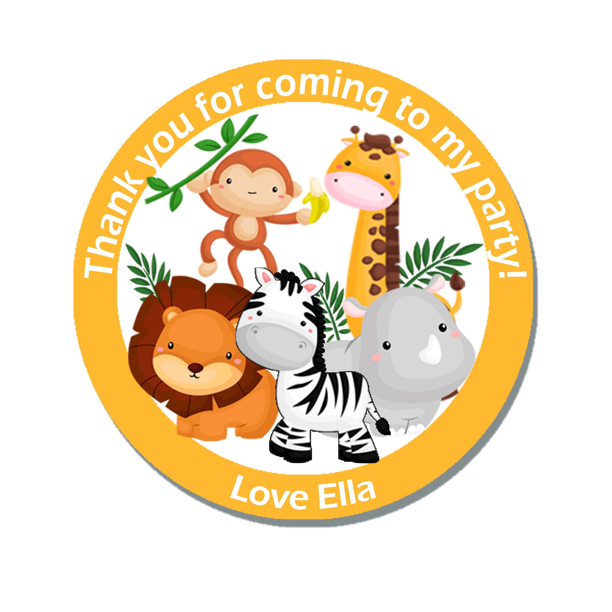 Treasured Forever Yellow 24 X Personalised Jungle Animal Birthday Gift Stickers - Thank You, Favour, Birthday, Party, Themed Event (D1 )