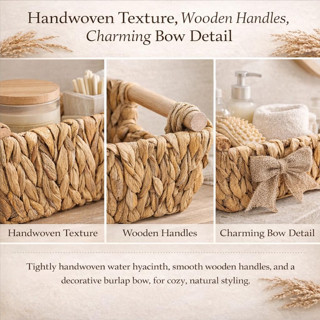 Bow Handwoven Water Hyacinth Storage Baskets with Wooden Handles & Burlap Bow, 12''L x 8''W x 4.8''H Decorative Shelf Organizer, Gift Basket Base, 4 Pack