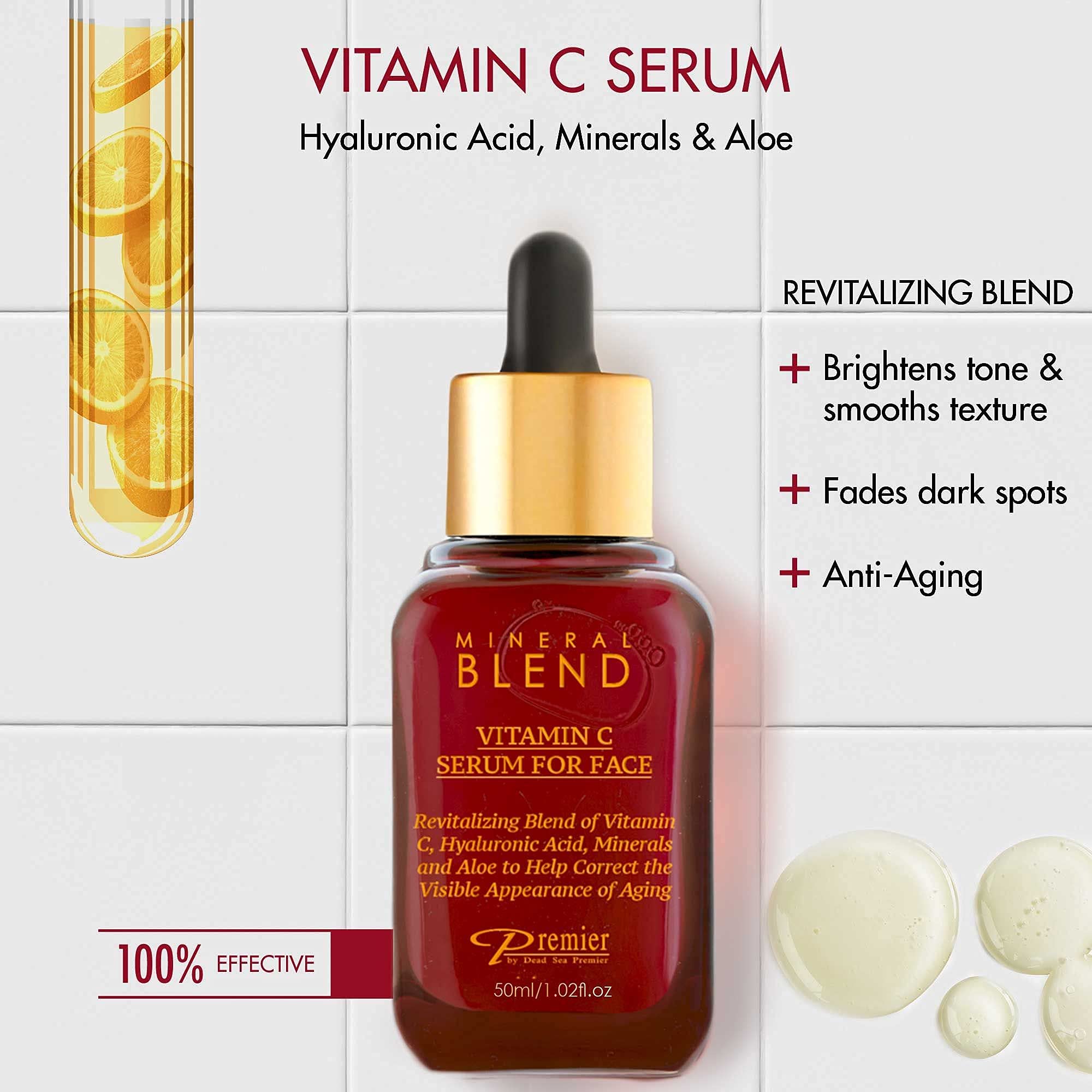 Vitamin C Facial Serum with Hyaluronic Acid & Rose Hips Oil – Cosmetic Face Serum, Mineral Blend by Premier Dead Sea, 1.7 fl oz