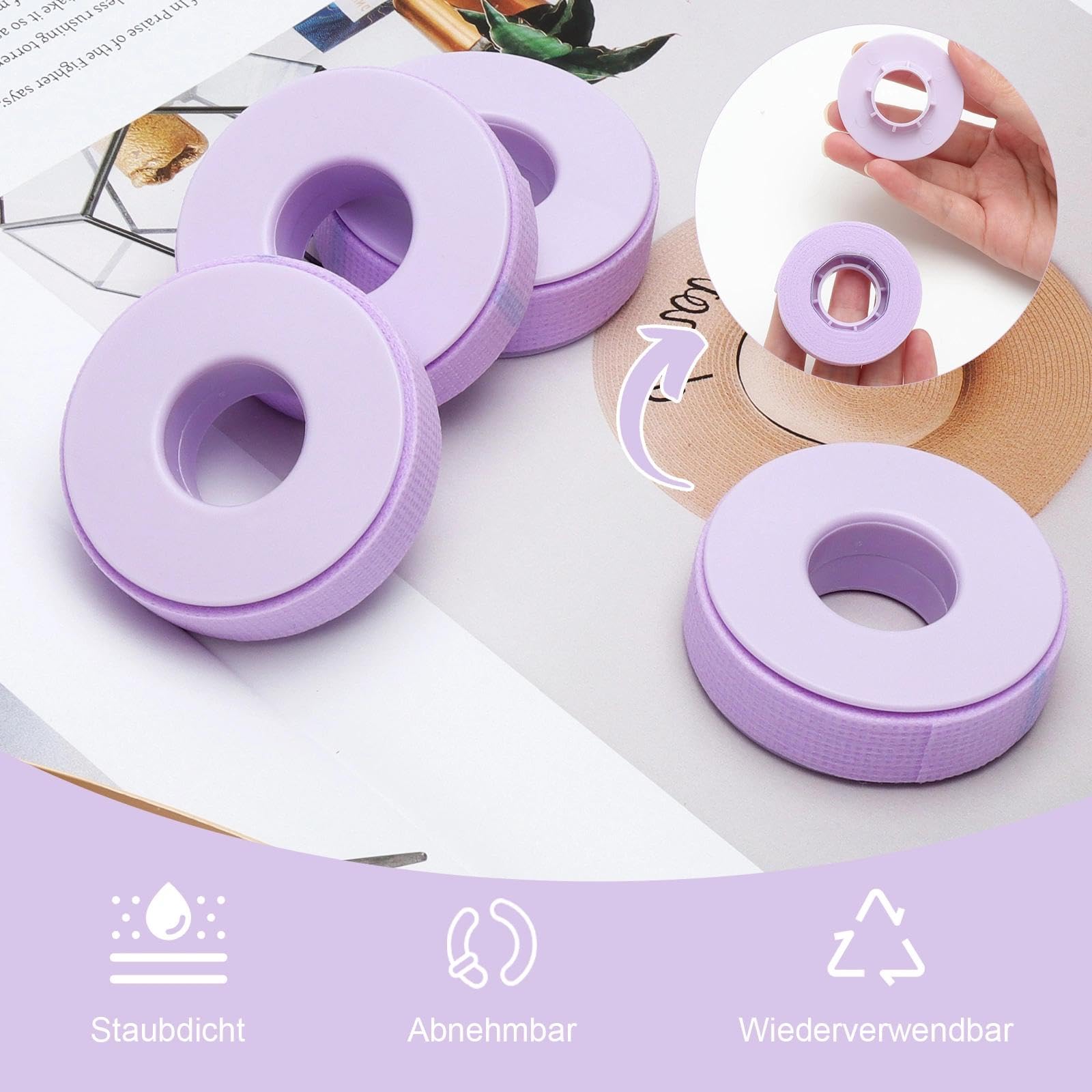 VOSSOT 6 Rollos Cinta Extensión de Pestañas Para Extensiones Lash Tape Adhesiva Cinta Micropore para Pestañas Transpirable Impermeable de Gel Color Morado Incluye Pinzas 1.25cm*9m
