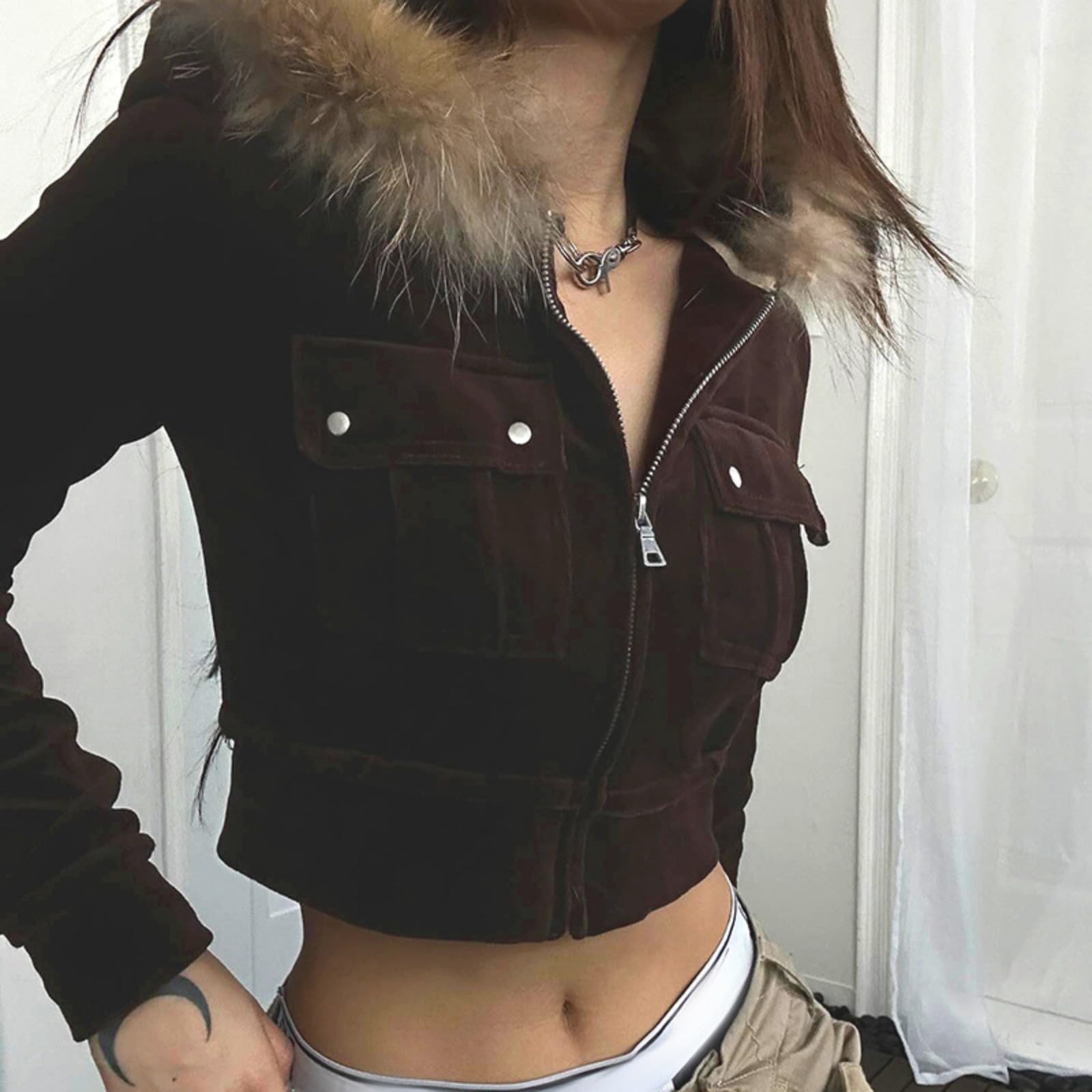 Y2k Kapuzenpullover mit Reißverschluss, Pelz, Kapuzenjacke, Grafik-Hoodie, Grunge 2000er Jahre Kleidung für Damen, bauchfrei, Wintermäntel, Streetwear
