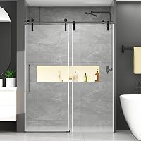 Chabatree 60x76 Frameless Sliding Shower Door, 8mm Tempered Glass, Sealing Strip, Waterproof Handle, Black Stainless Steel