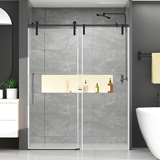 Chabatree 60x76 Frameless Sliding Shower Door, 8mm Tempered Glass, Sealing Strip, Waterproof Handle, Black Stainless Steel