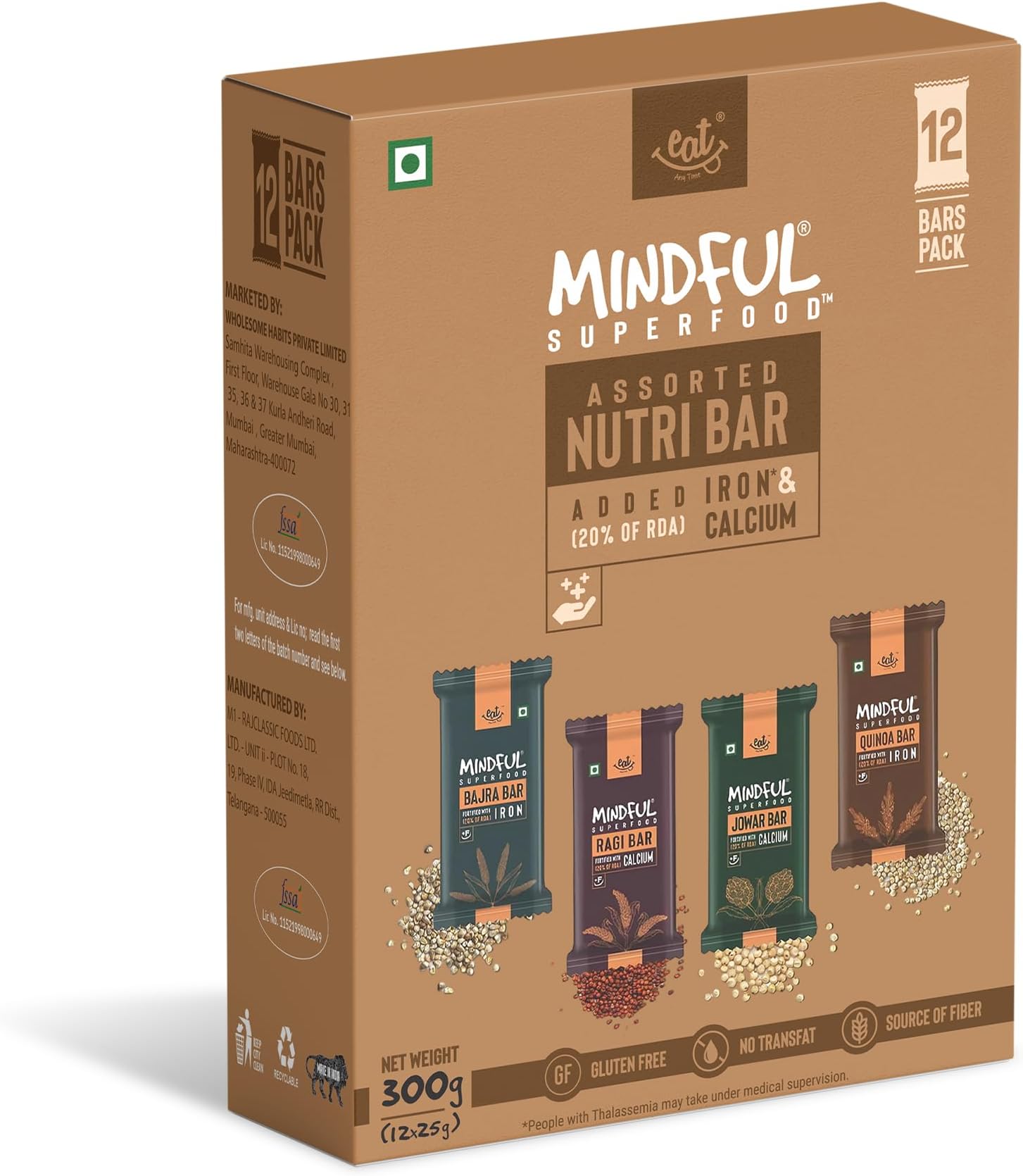 Eat Anytime Multigrain Millet Energy Chocolates, 12 Bars | High Protein, High Fiber, No Added Sugar | Gluten Free Granola Bars with Jowar, Bajra, Dark Chocolate | Healthy Snack (300g)