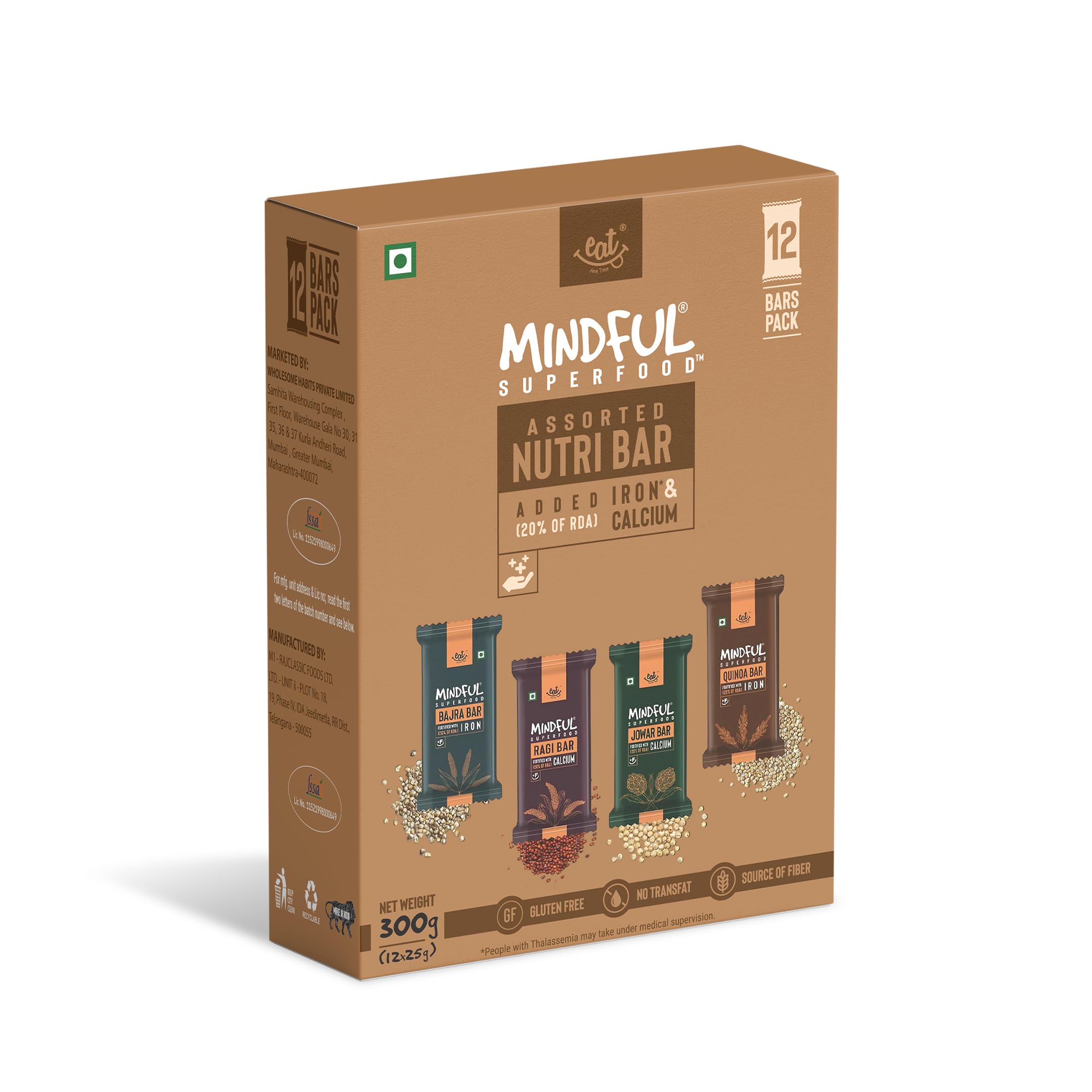 Eat Anytime Mindful Healthy Assorted Millet Energy Bar | Gluten Free & High Fiber | Energy Bar Sugar Free| Healthy Bar & Breakfast Protein Bar | Millet Bar/Energy Bar-300gm (12pcs of 25gm)