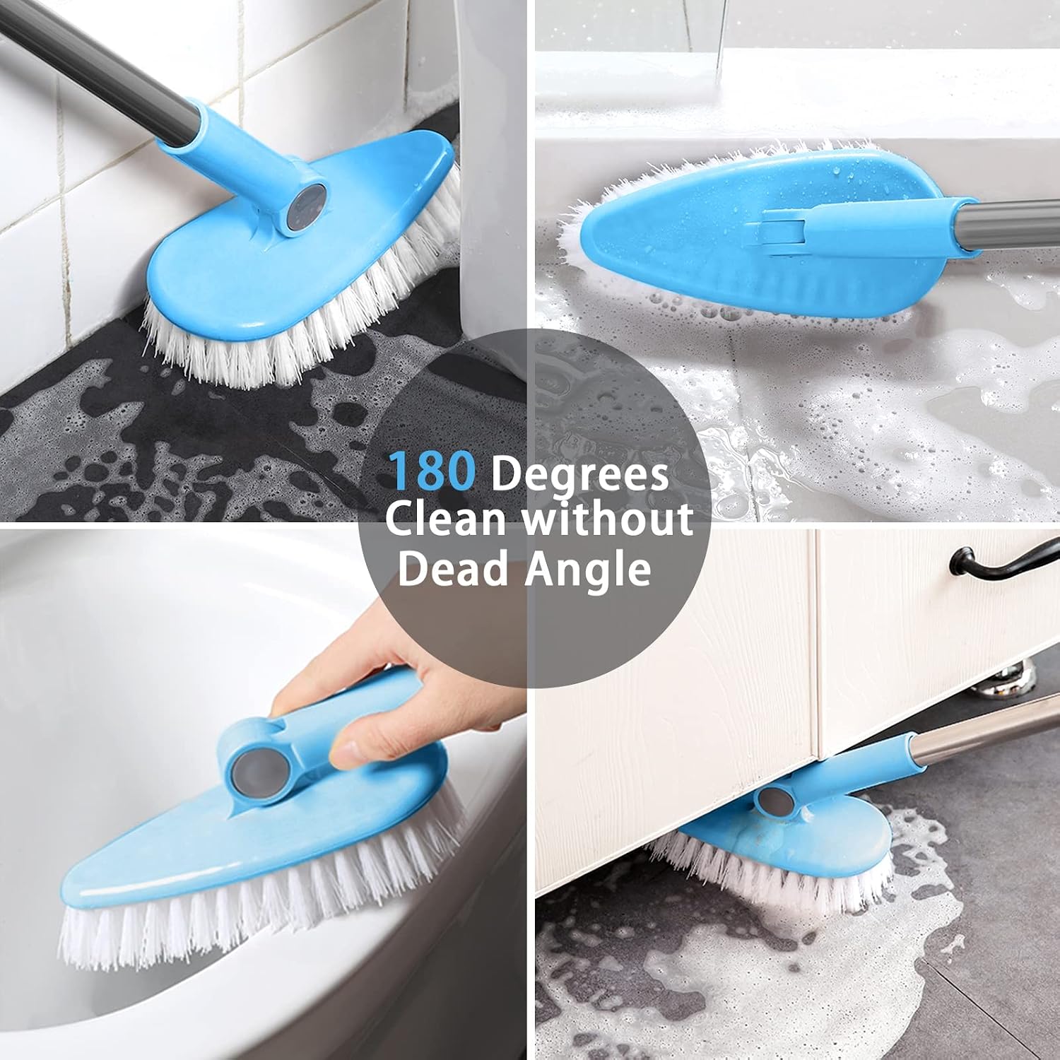 Floor Scrub Brush Bathroom Bathtub Shower Tile Grout Scrubber Rotatable 6.3inches Wide 35.4inches Long Handle Indoor Kitchen Push Broom Scrubbing Cleaning Brush for Hard to Reach Areas - Light Blue