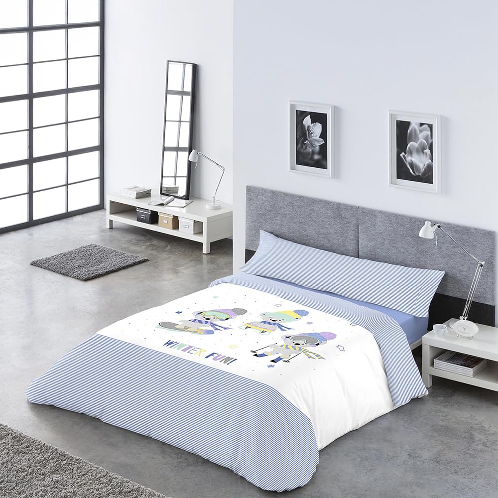 DECASATEXTIL Funda Nórdica Infantil Cama 105 -Juvenil – 3 Piezas – Funda nordica 180x255cm Bajera y Almohadón – Reversibles - Algodón/Poliéster- Suave Transpirable- Surfers Azul Cama 105
