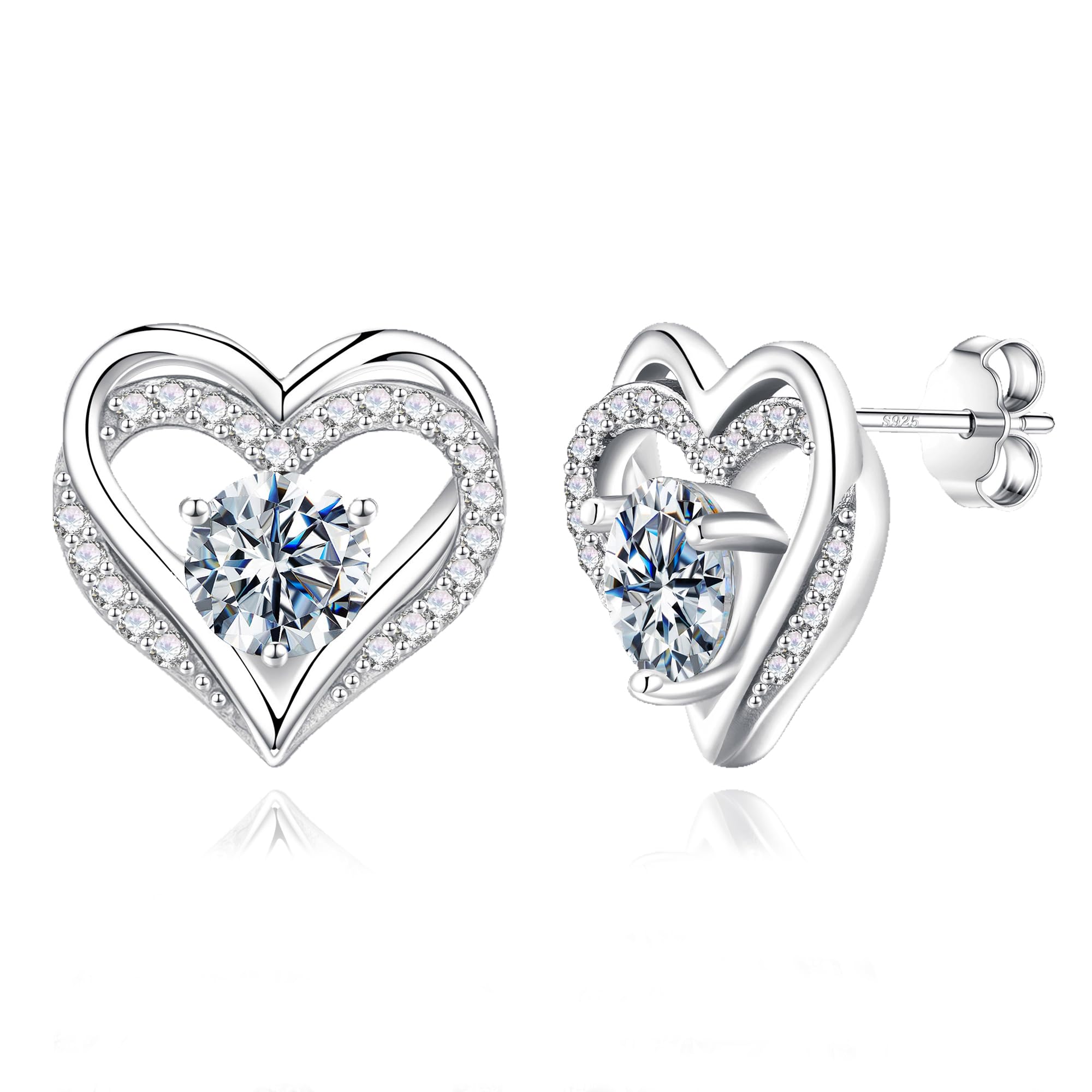 MOOSEA Moissanite Stud Earrings for Women, 925 Sterling Silver Heart Round D Color VVS1 Clarity Moissanite Earrings Birthday Gifts for Women,