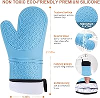 Vista 3 de Guantes de horno de silicona resistentes al calor, impermeables, mango flexible, lavable para comida caliente, color azul, extra largo